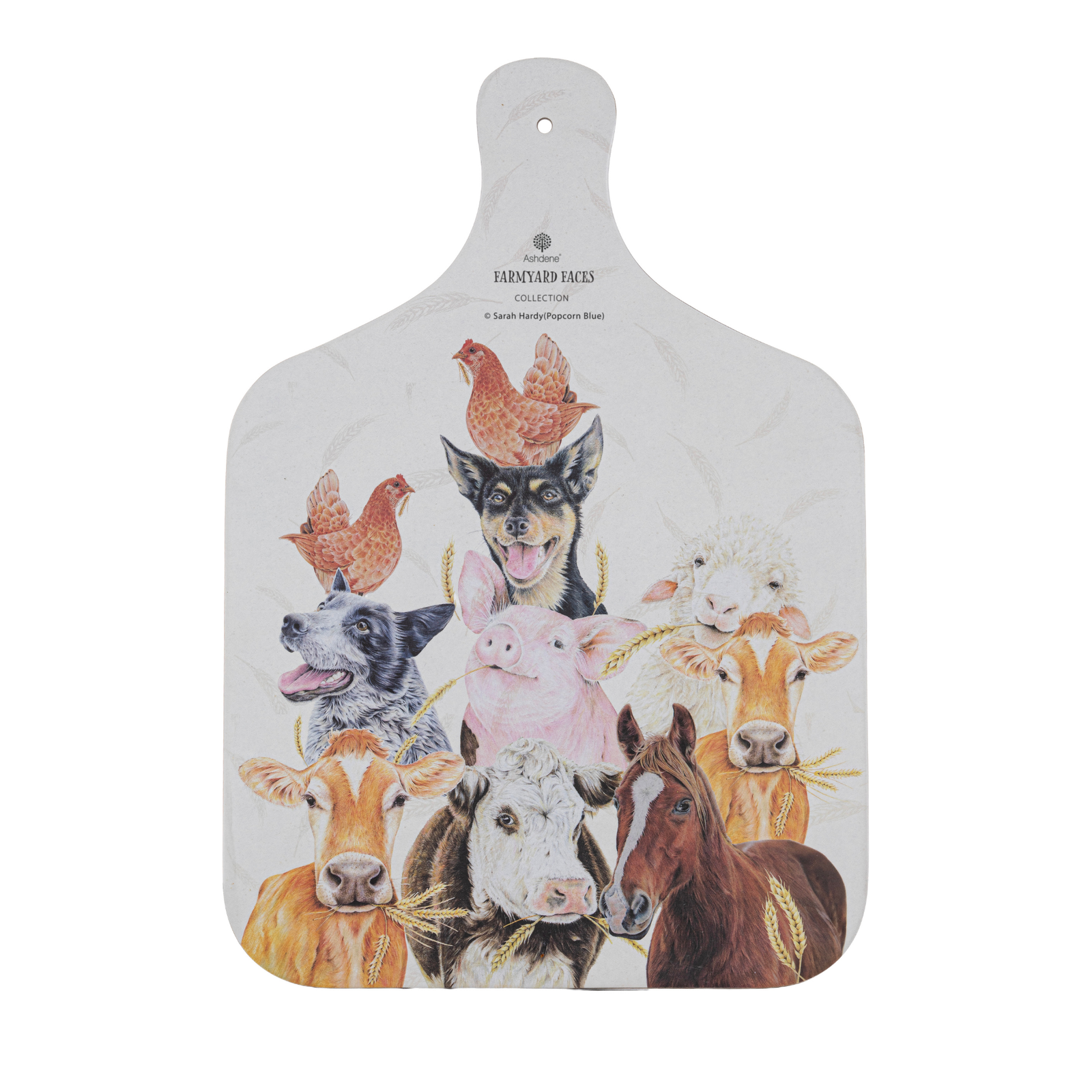 Chopping board with farm animal illustrations on a white background