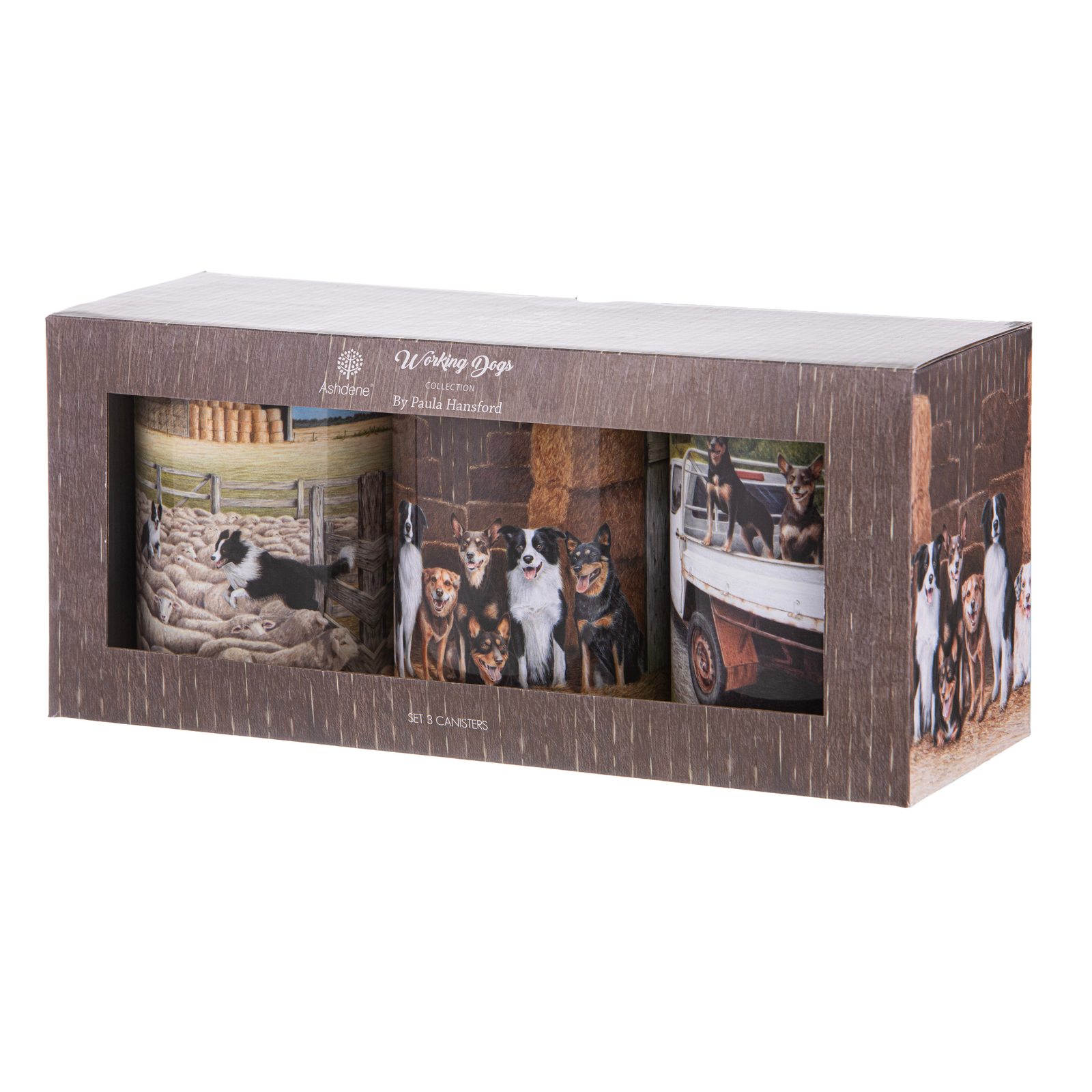 Set of dog-themed mugs in a decorative box with images of dogs on the lid and sides.