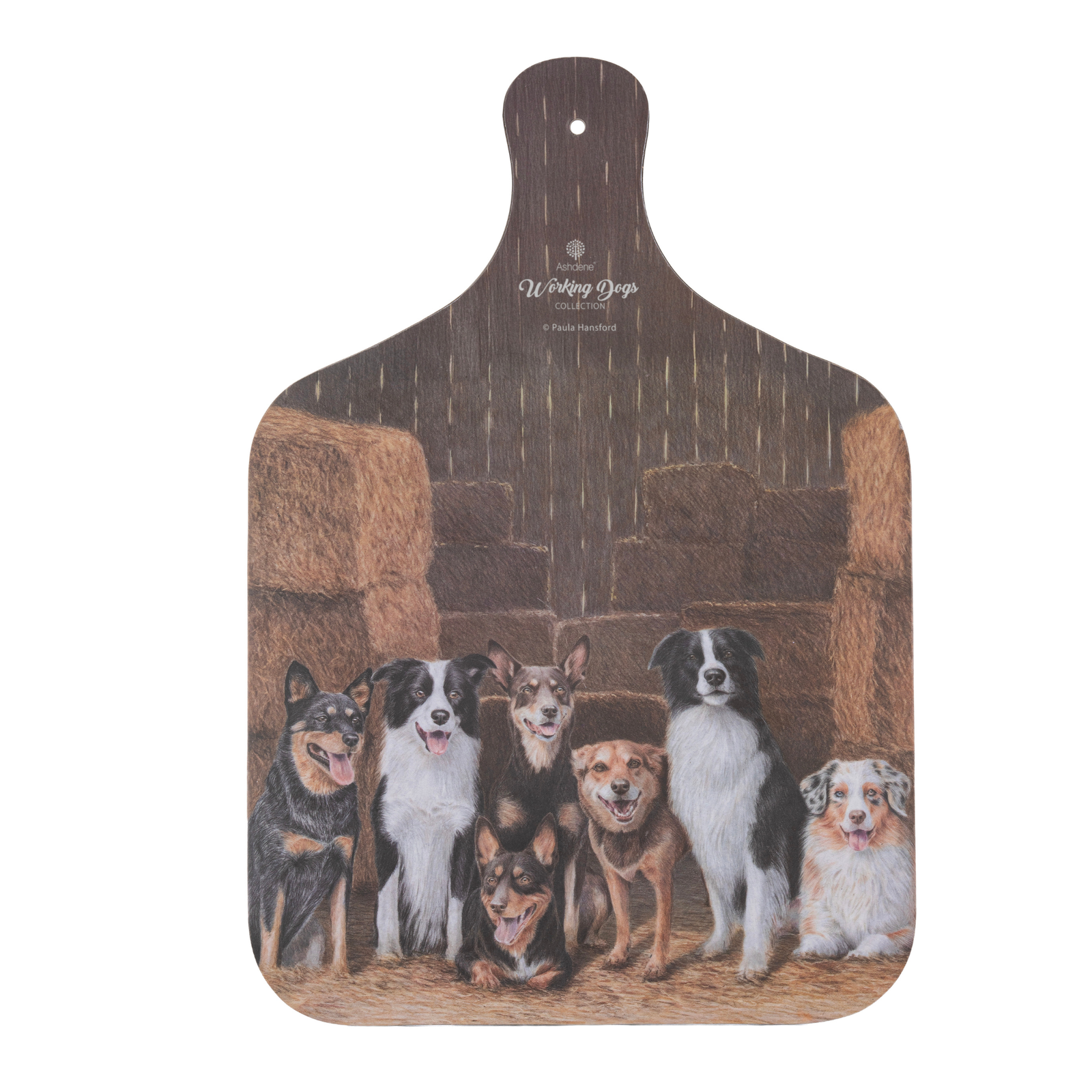 Wooden cutting board with a design of dogs on a white background
