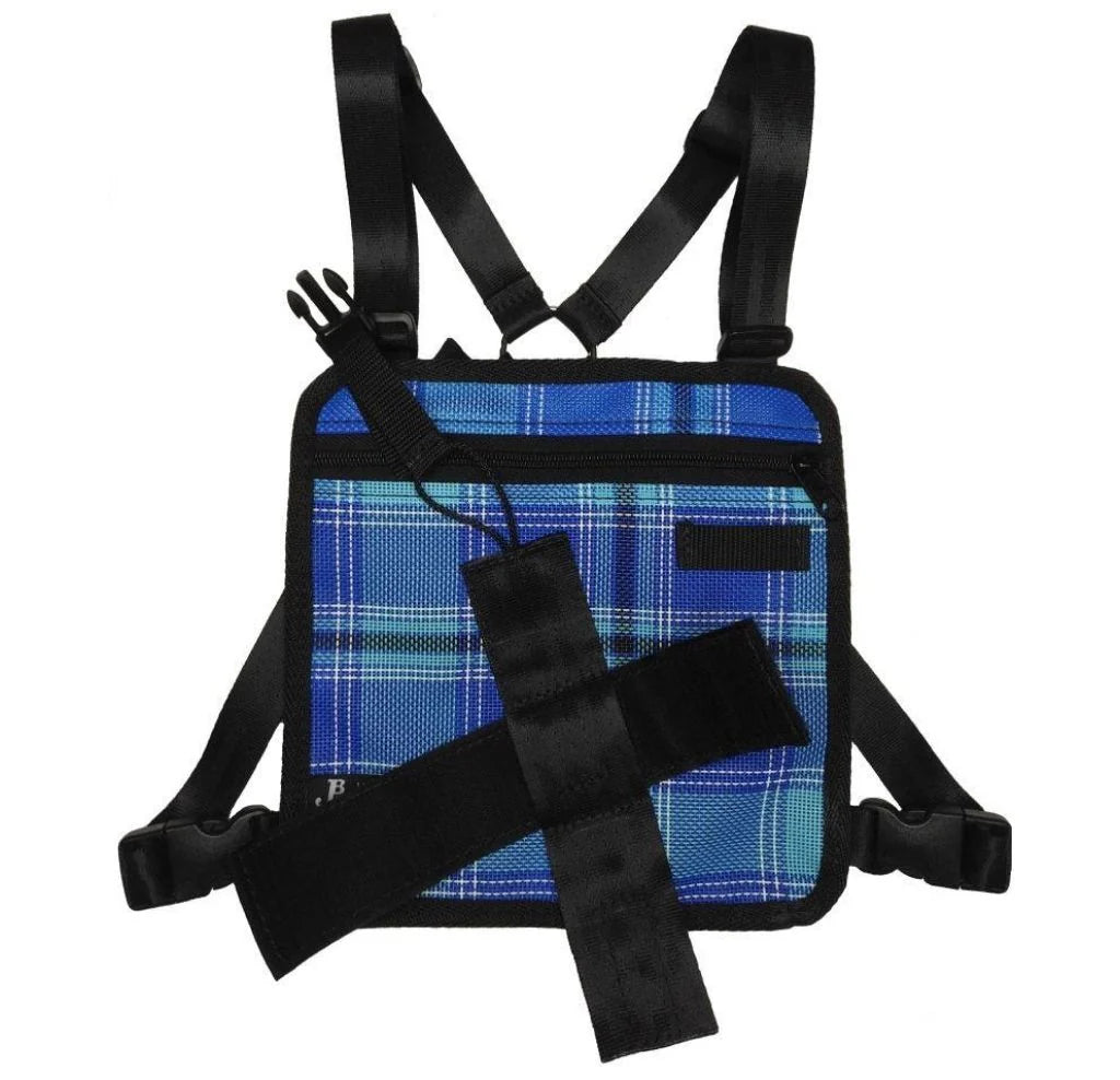 JB UHF Harnesses Kids Velcro Adjustable Small Chest Harness. Blue plaid backpack with black straps on a white background