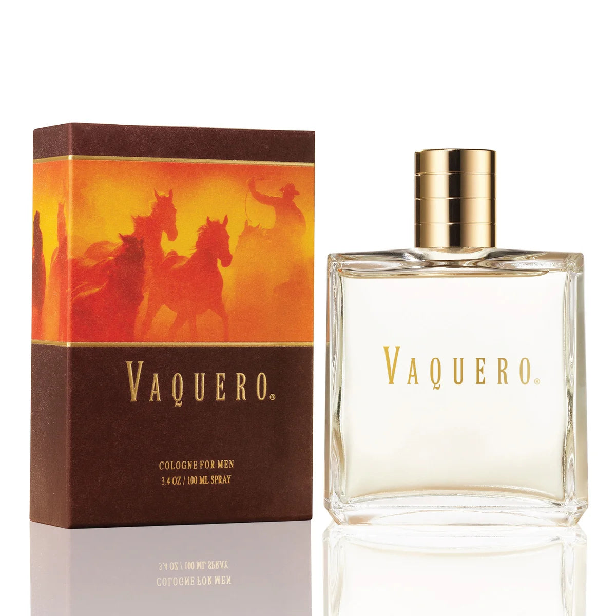 Vaquero cologne bottle and packaging with horses on the label