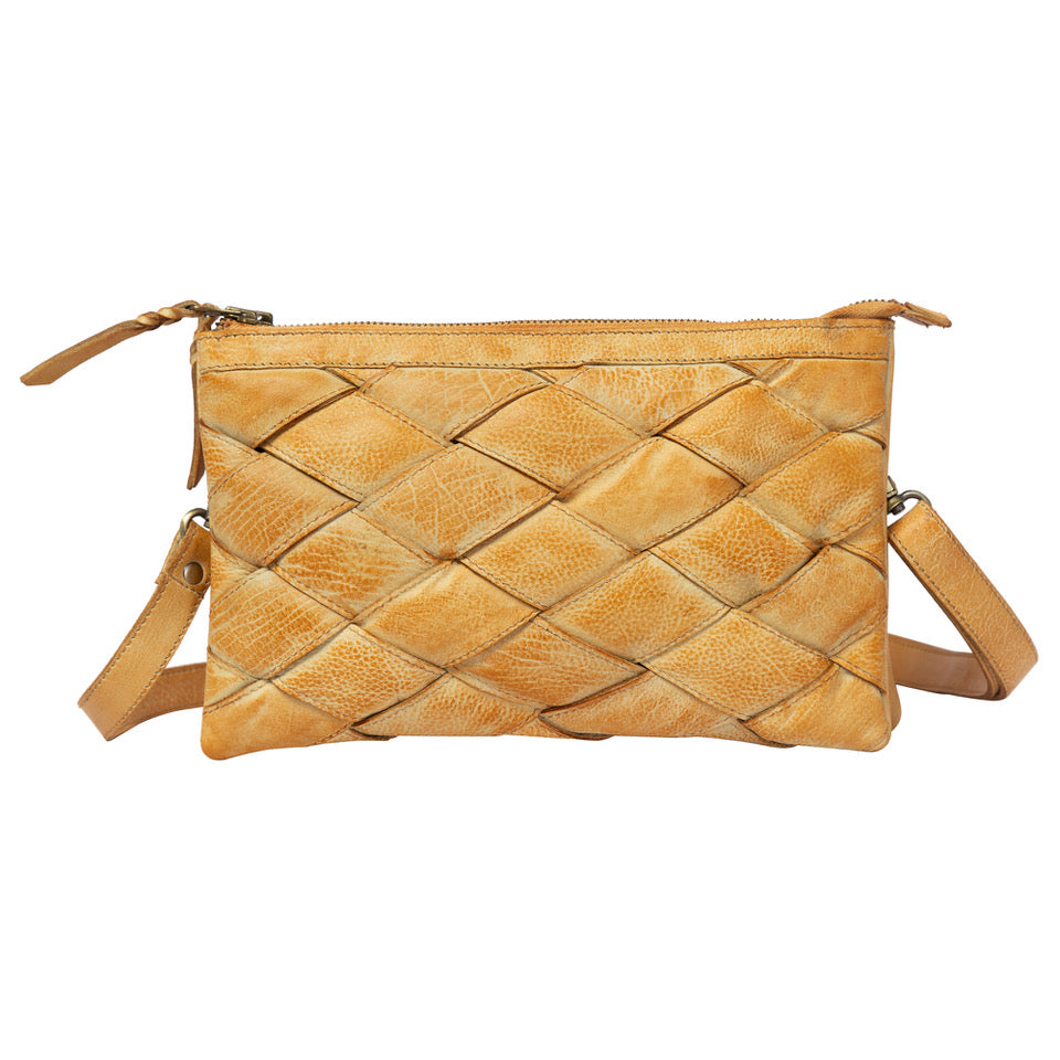 A tan woven leather crossbody pouch with a top zipper and adjustable shoulder strap, shown against a plain white background.