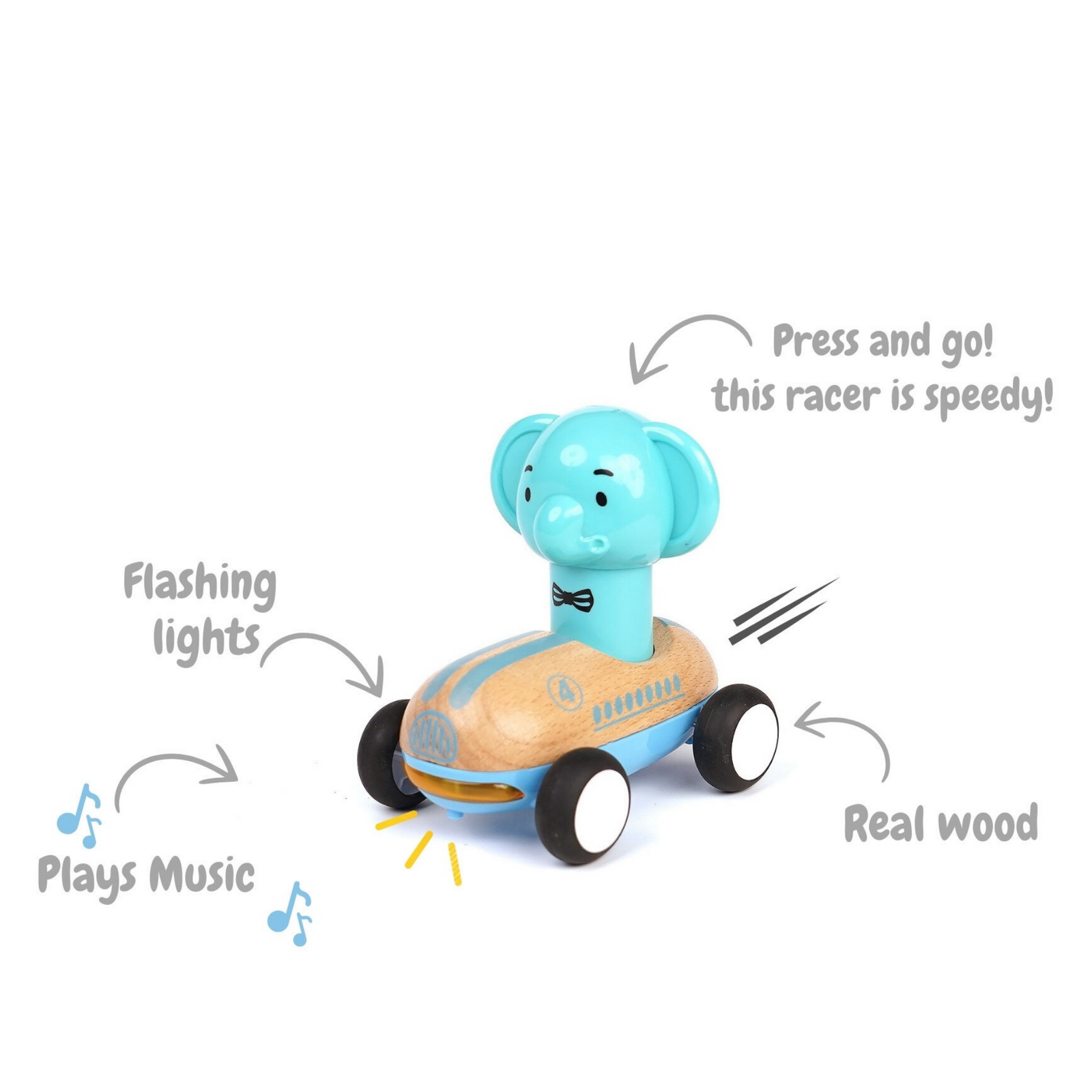 Wooden Press Go Racer Elephant with Sound & Light Eleganter