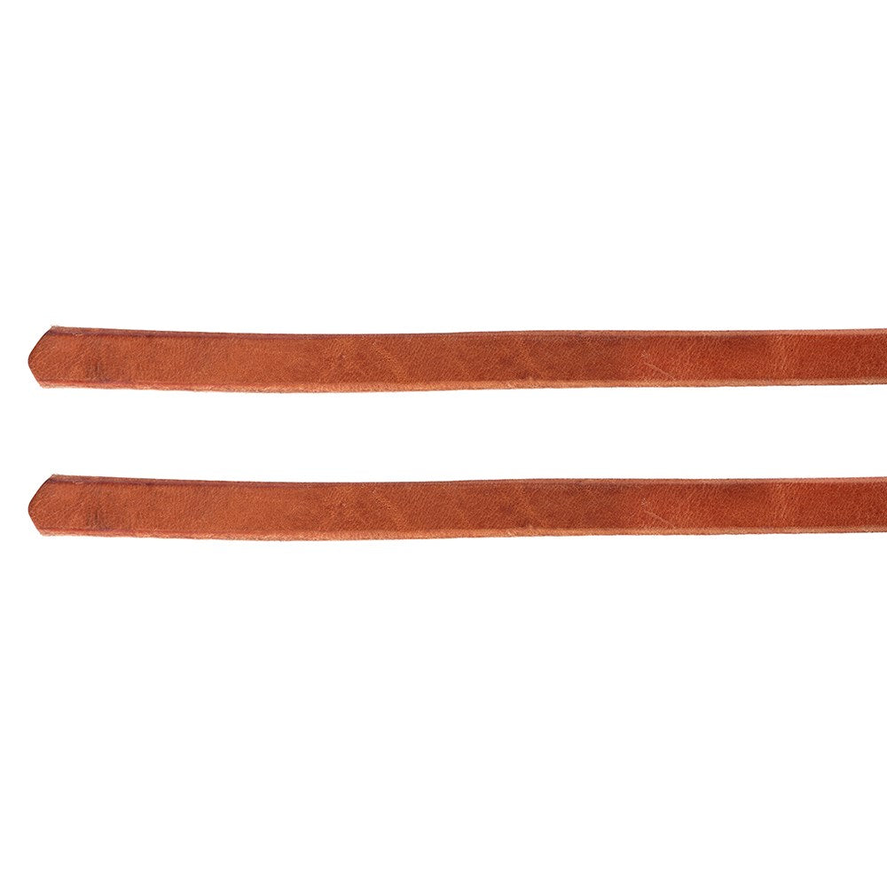 Two long, narrow brown leather strips with rounded ends, shown horizontally on a plain white background.