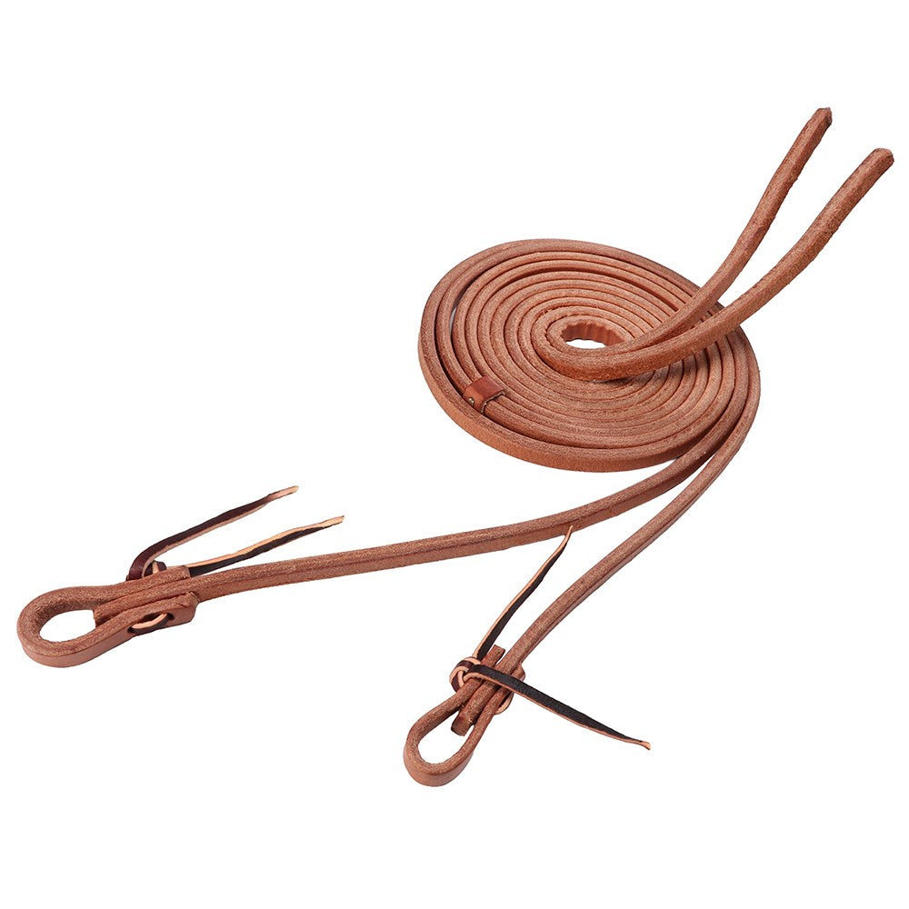 A coiled brown leather strap, likely a horse bit or reins, displayed on a clean white background.