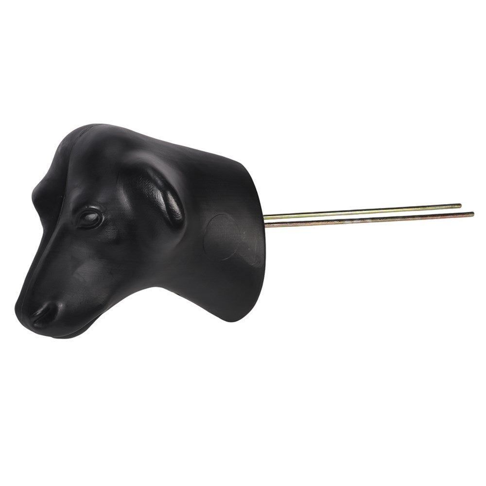 Plastic Calf Head w/Prongs. A black plastic calf head with mounting prongs used for training purposes in equestrian sports.