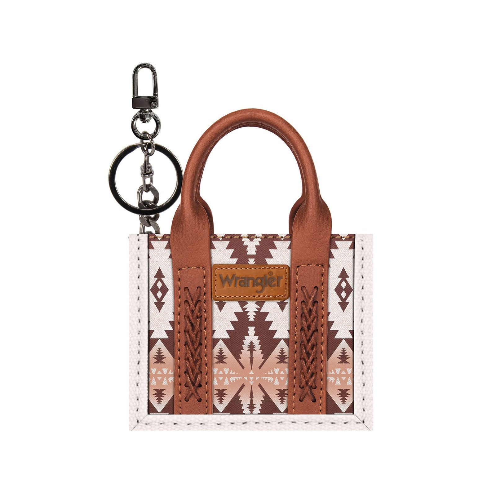 Leather keychain with geometric pattern on a white background