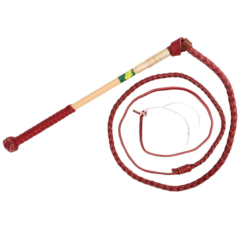 Nemeth Redhide Yard Whip - 4 Plait. A handcrafted Nemeth Redhide Yard Whip with a red leather handle and a braided leather strap on a wooden shaft.