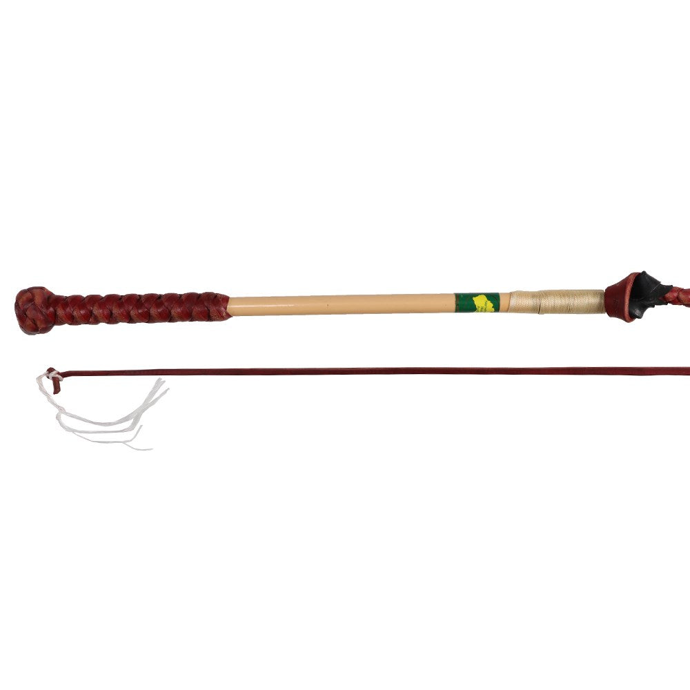 Nemeth Redhide Stockwhip - 5' x 4 Plait. A redhide stockwhip with a plaited handgrip on a cane handle.