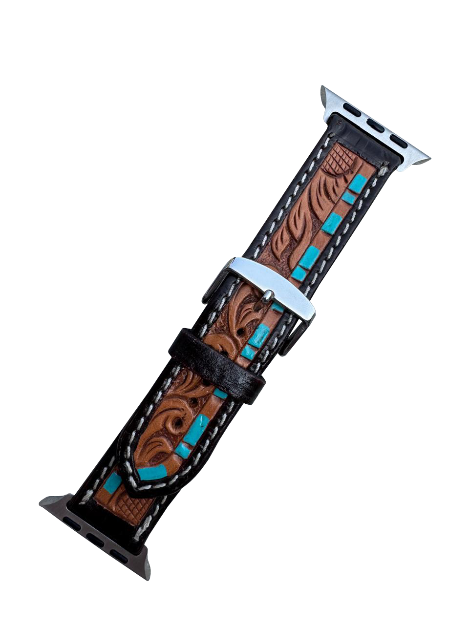 Watch band with brown leather design and turquoise accents on a white background