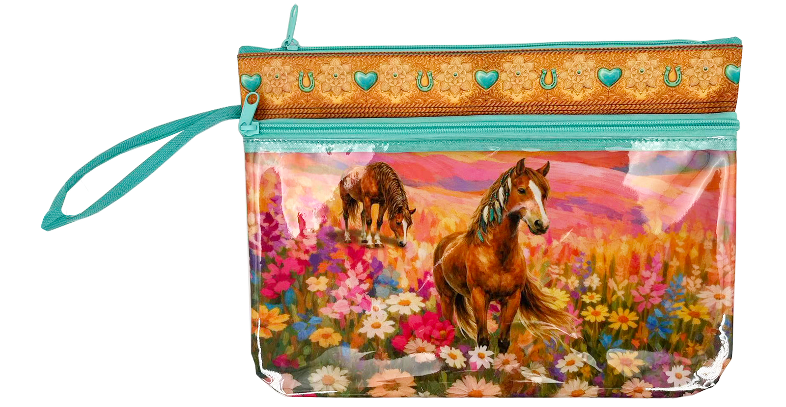 A clear plastic zip pouch with a turquoise wrist strap, featuring a printed design of two horses in a colorful wildflower field. The top trim is patterned with gold and turquoise hearts and horseshoes.