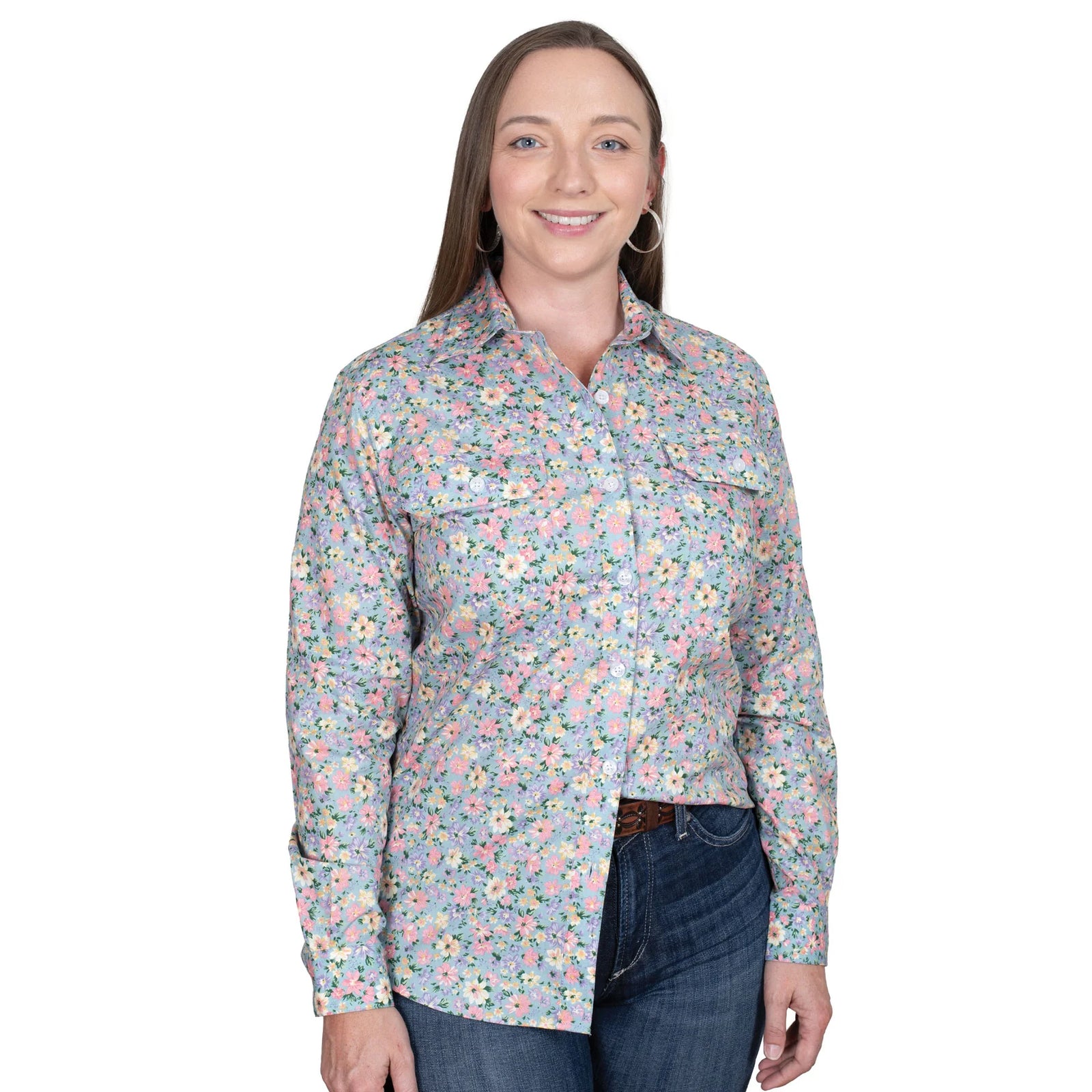 Just Country Women's Abbey Printed L/S Workshirt. Woman wearing a floral shirt with a white background