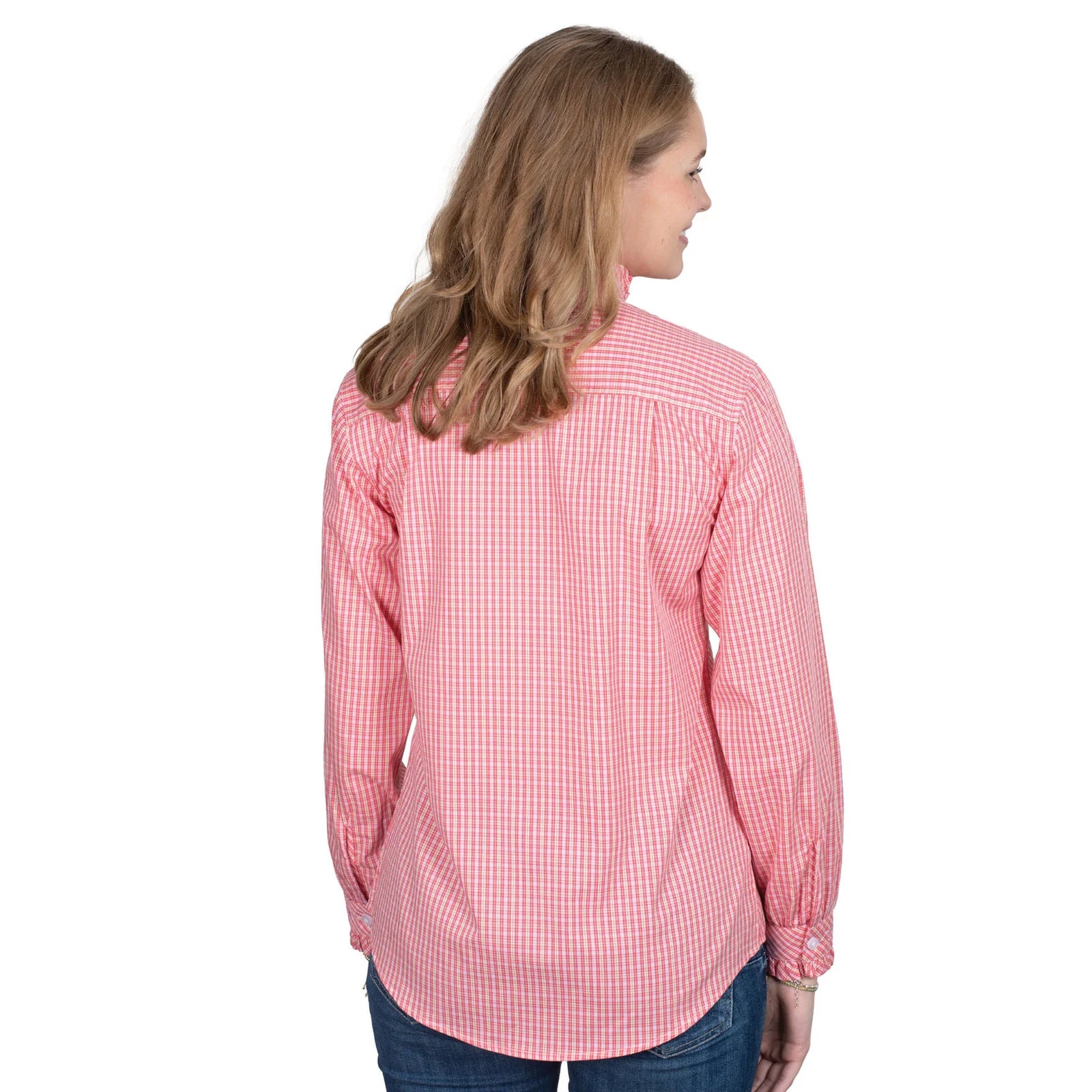 Just Country Women's Abbey Frills Full Button Print Workshirt. Woman wearing a red and white checkered shirt on a white background