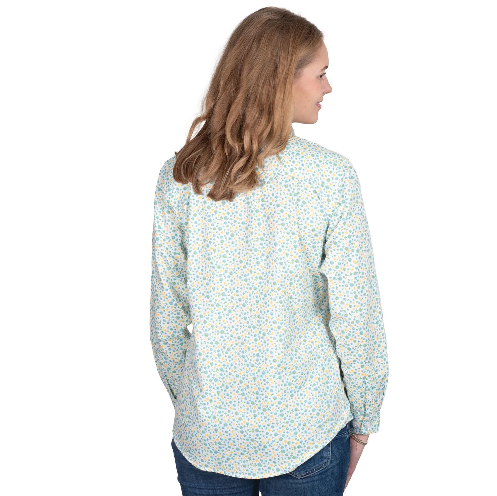 Just Country Women's Abbey Full Button Print Workshirt. Woman wearing a floral blouse on a white background