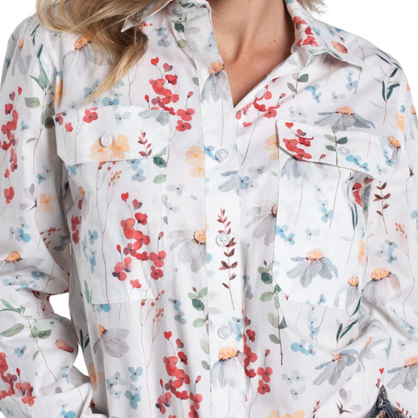 Floral patterned shirt with colorful flowers on a white background
