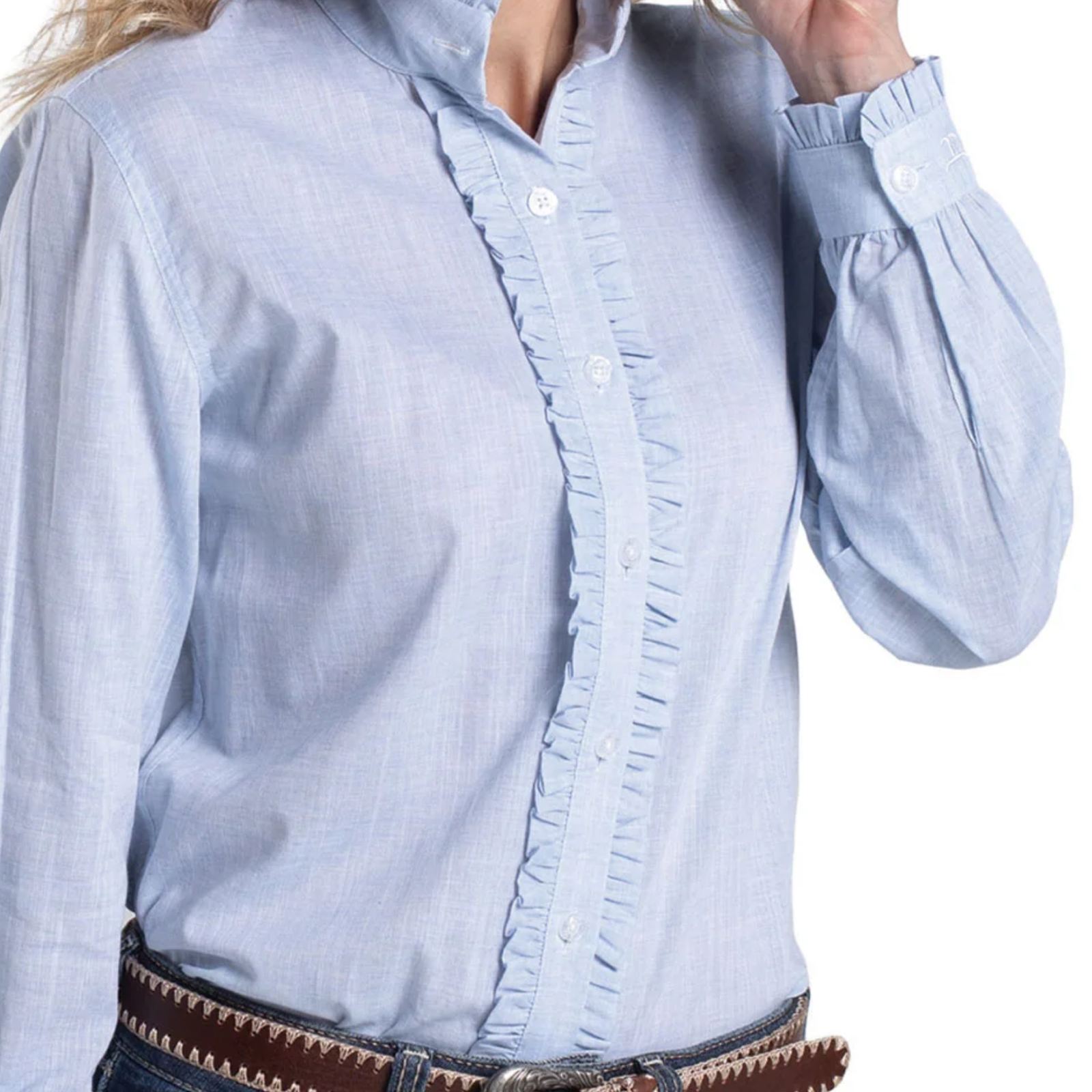 Light blue button-up shirt with ruffled details on a white background