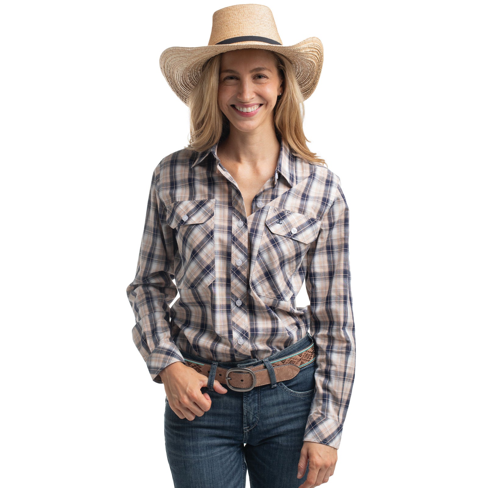 Woman wearing a plaid shirt, jeans, and a straw hat on a white background