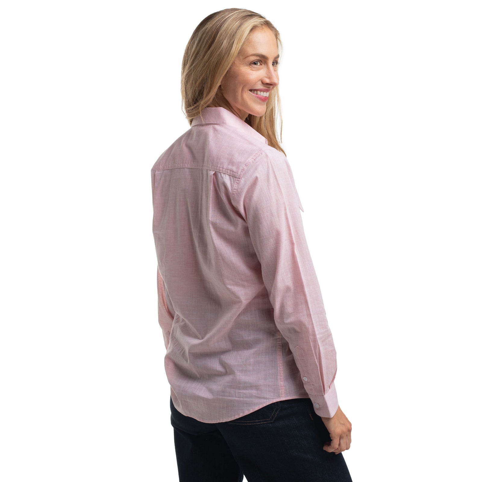 Woman wearing a light pink shirt on a white background
