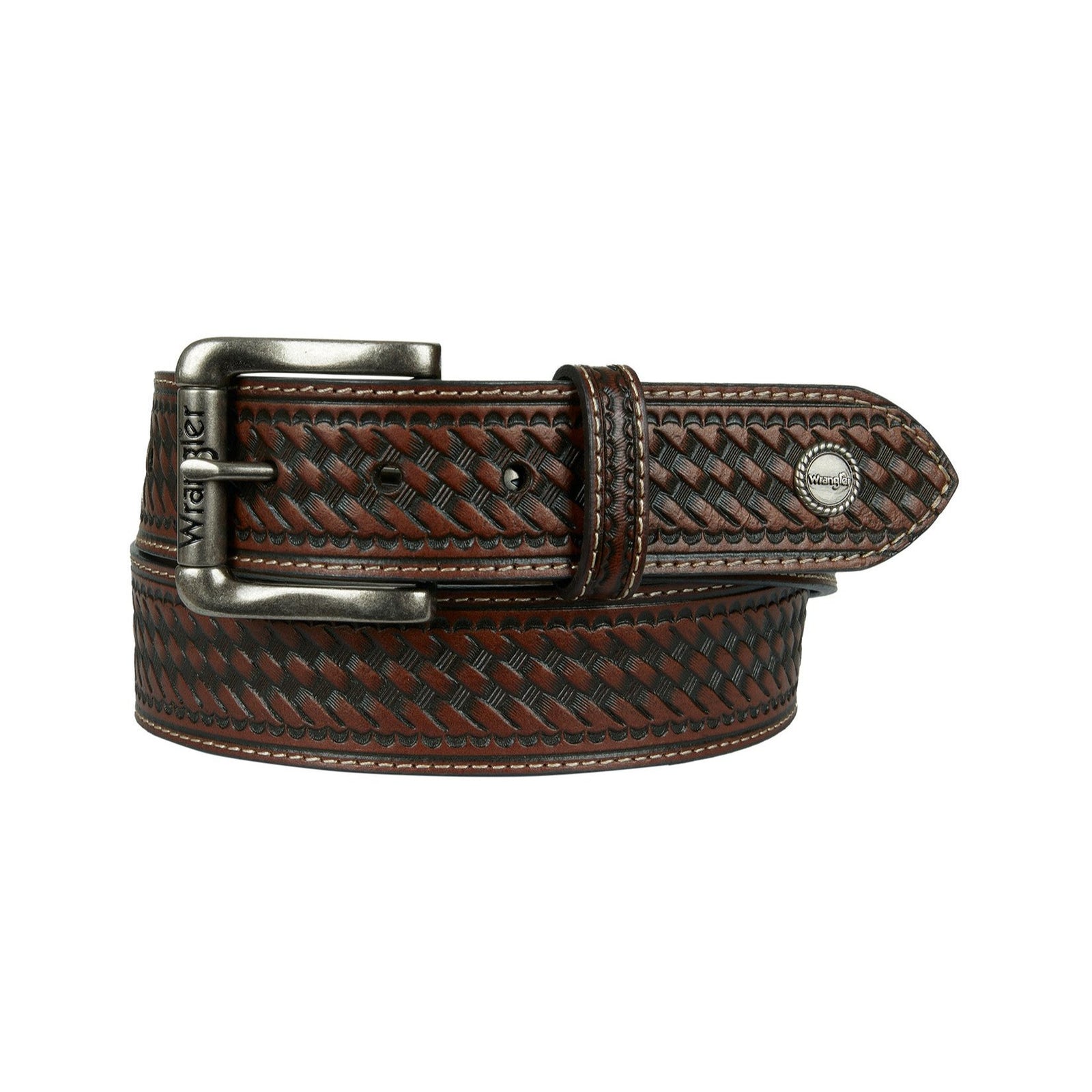 Wrangler Men's Blayne Western Belt. A dark tan Wrangler Men's Blayne Western Belt with contrast stitch design and a metal buckle.