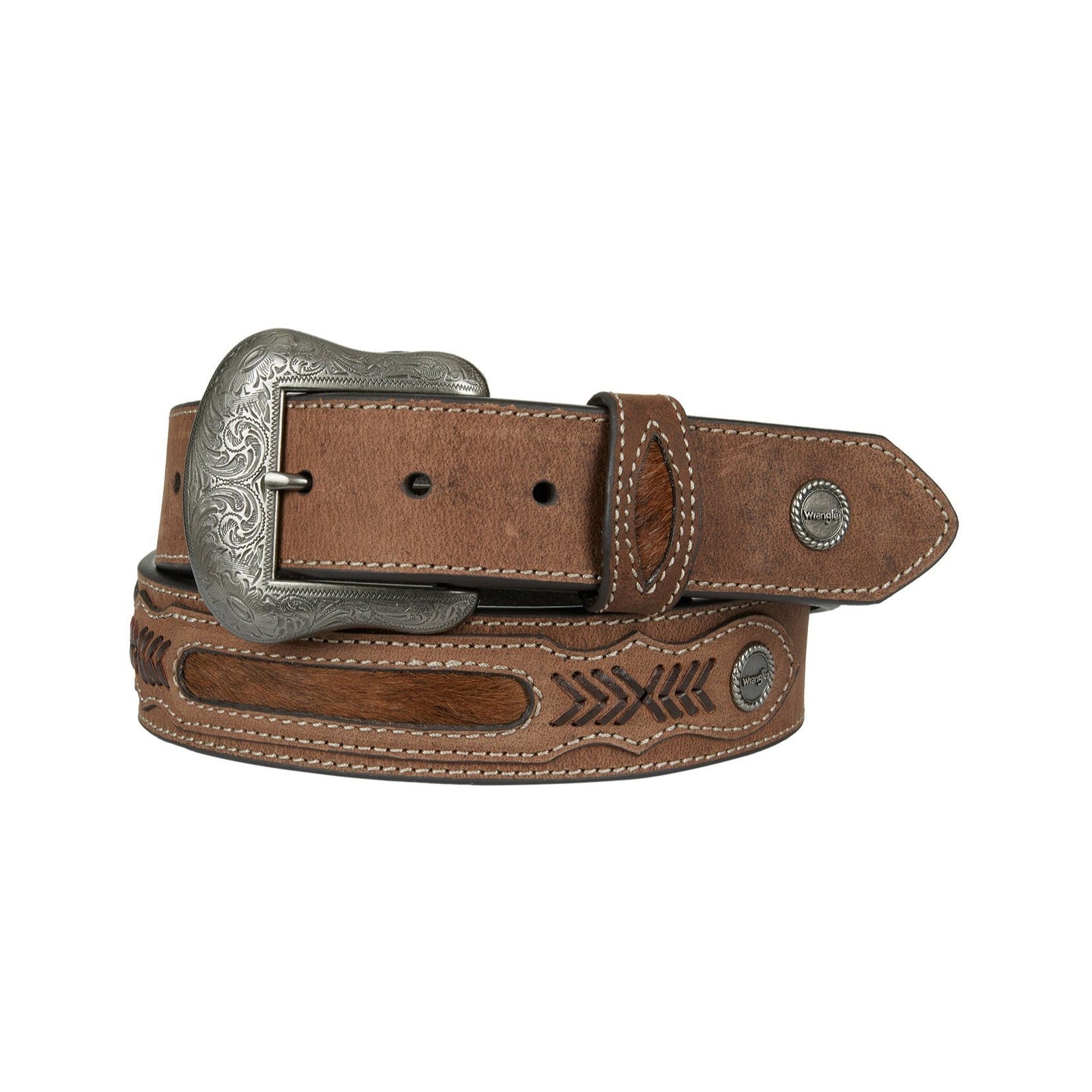 A Wrangler Men's Hogan Western Belt with a hair-on cowhide inlay, leather lacing, logo conchos, and antique silver hardware.
