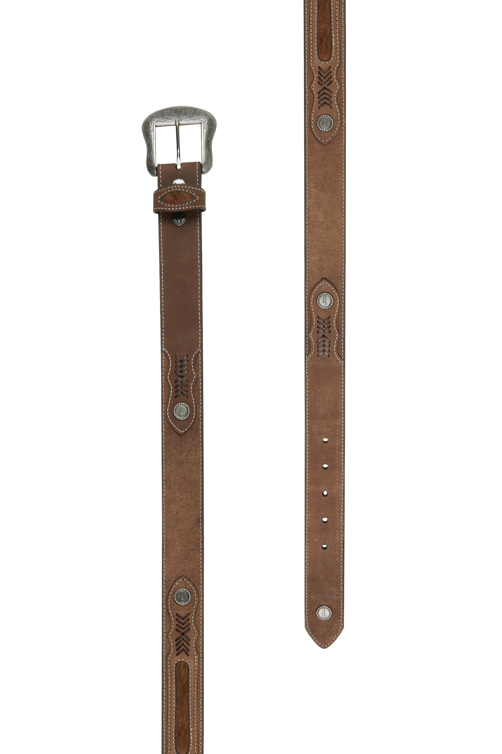 A Wrangler Men's Hogan Western Belt with a hair-on cowhide inlay, leather lacing, logo conchos, and antique silver hardware.