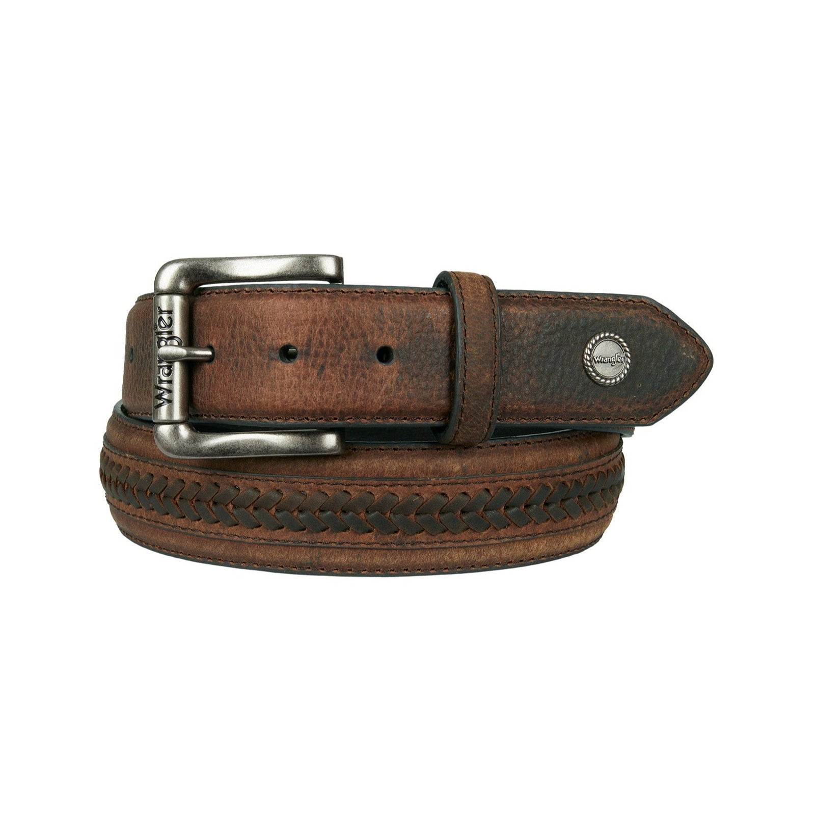 A brown genuine leather Wrangler western belt with a traditional western buckle and leather lacing detail, featuring the Wrangler logo.