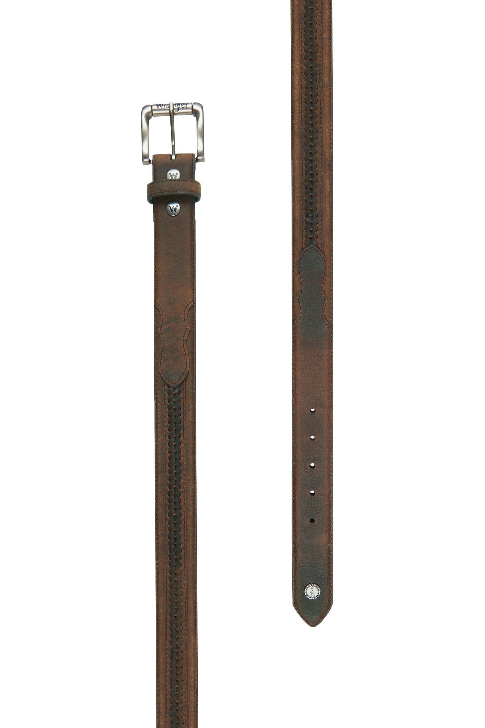 A brown genuine leather Wrangler western belt with a traditional western buckle and leather lacing detail, featuring the Wrangler logo.