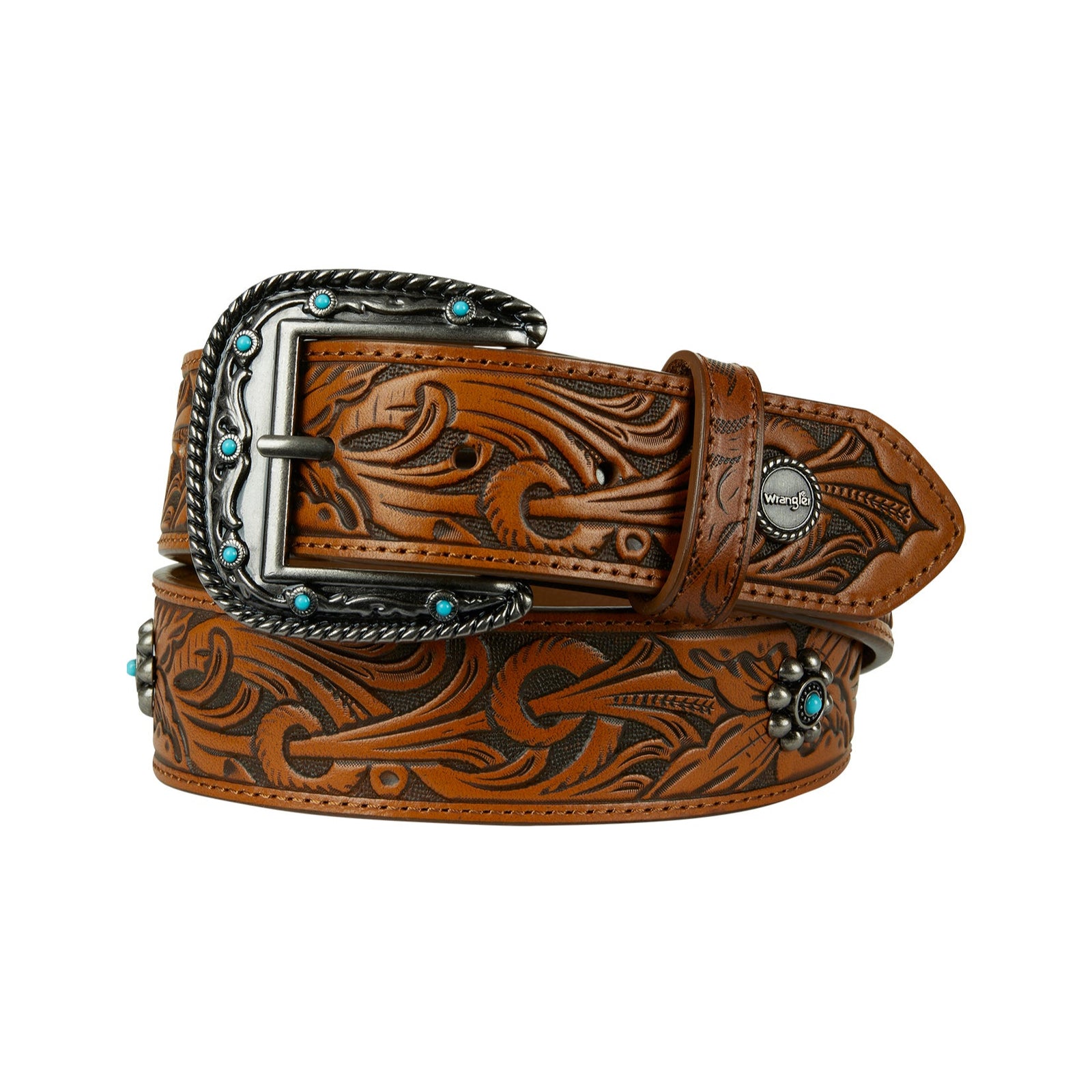 A brown tooled leather Wrangler western belt with antique silver hardware and conchos featuring turquoise stones and the Wrangler iconic logo.
