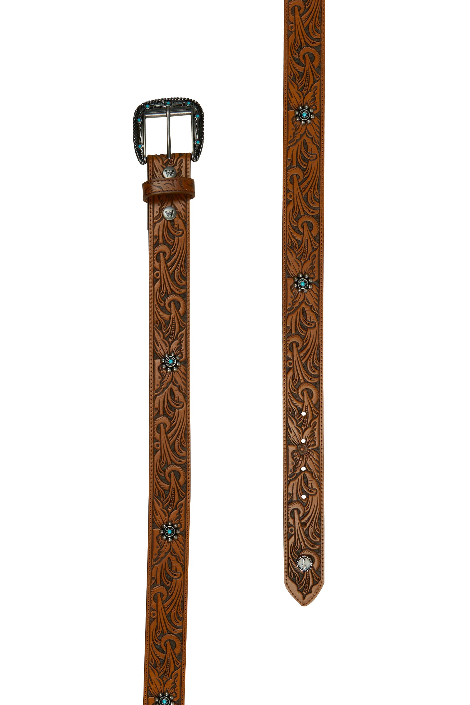A brown tooled leather Wrangler western belt with antique silver hardware and conchos featuring turquoise stones and the Wrangler iconic logo.