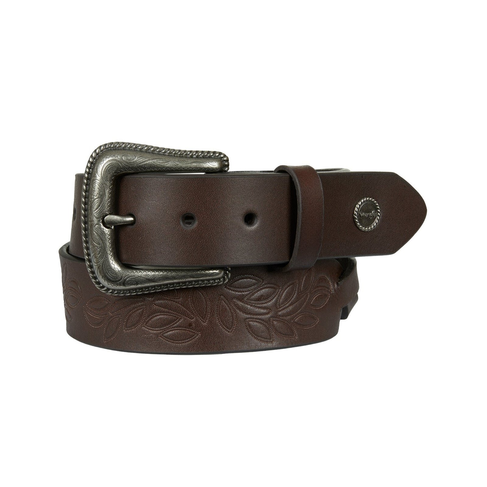 A tooled leather Wrangler western belt with tooling, featuring a Wrangler logo concho and antique silver hardware.