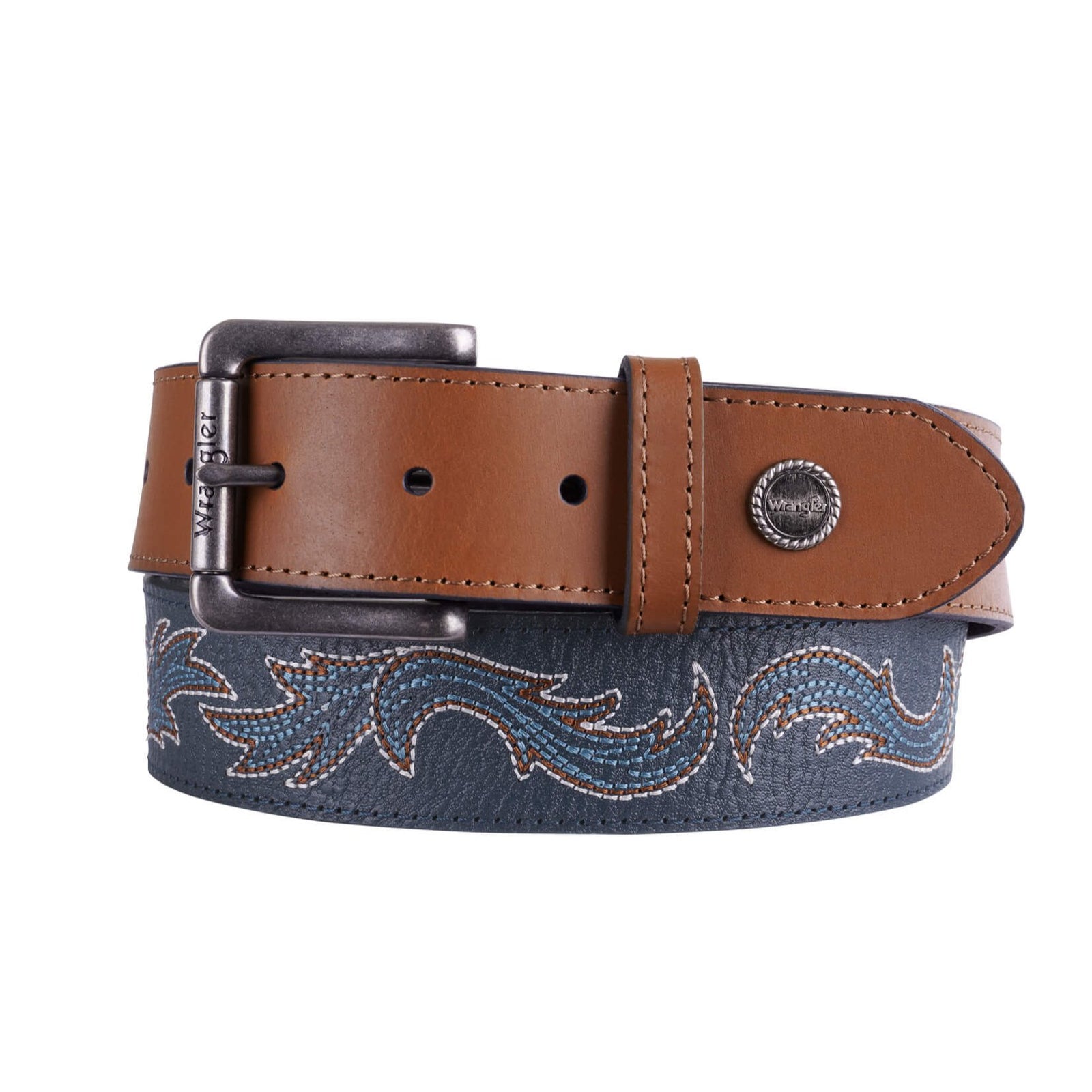 A Wrangler men's belt with a brown leather strap, blue denim fabric, and silver embroidery details, featuring a brown buckle and a concho.