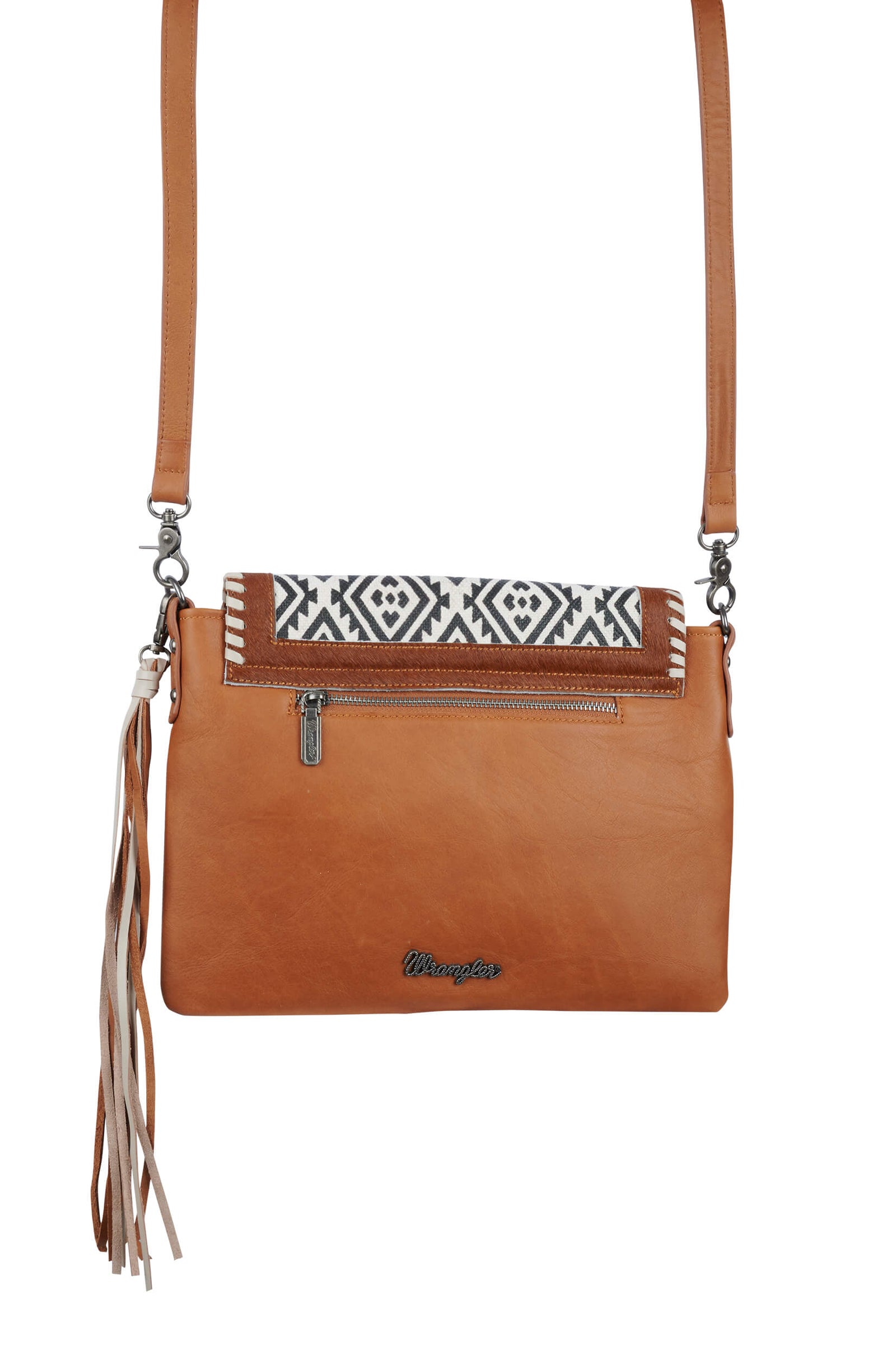 A brown Wrangler women's handbag with a geometric pattern on the foldover and a leather tassel, featuring a shoulder strap and metal badge.
