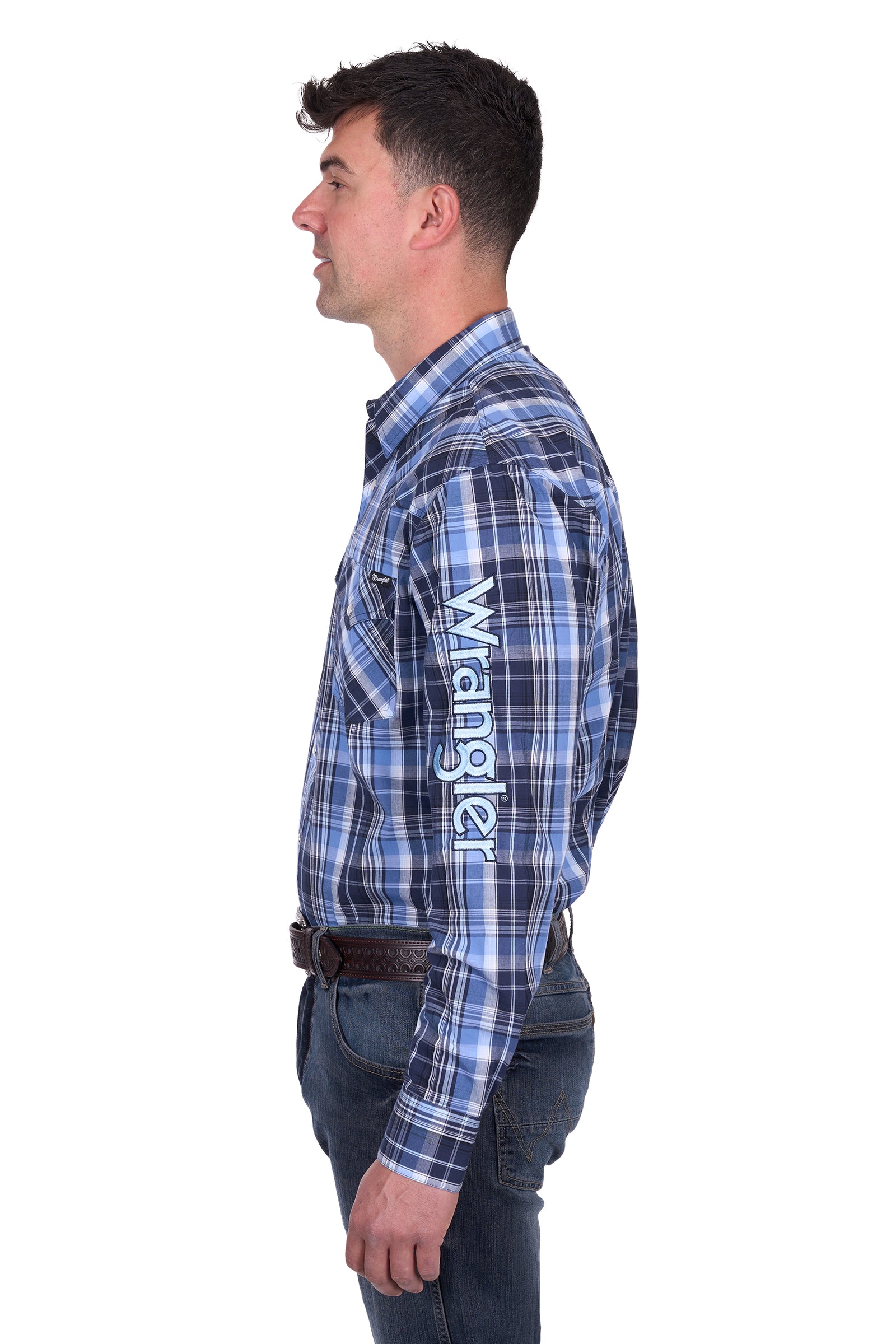 Wrangler Men's Billy Logo L/S Western Shirt. Man wearing a blue plaid Wrangler shirt on a white background