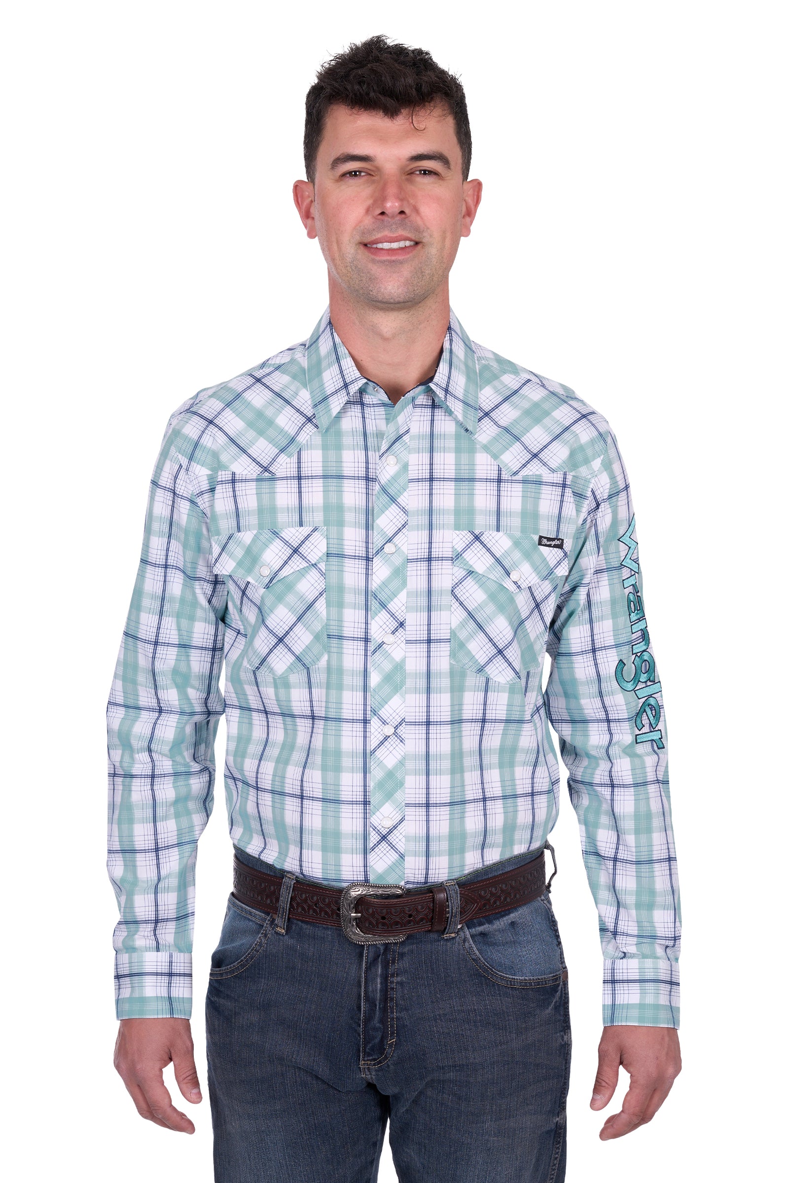 Wrangler Men's Jacob Logo L/S Western Shirt. Man wearing a green and white checkered shirt with a belt on a white background