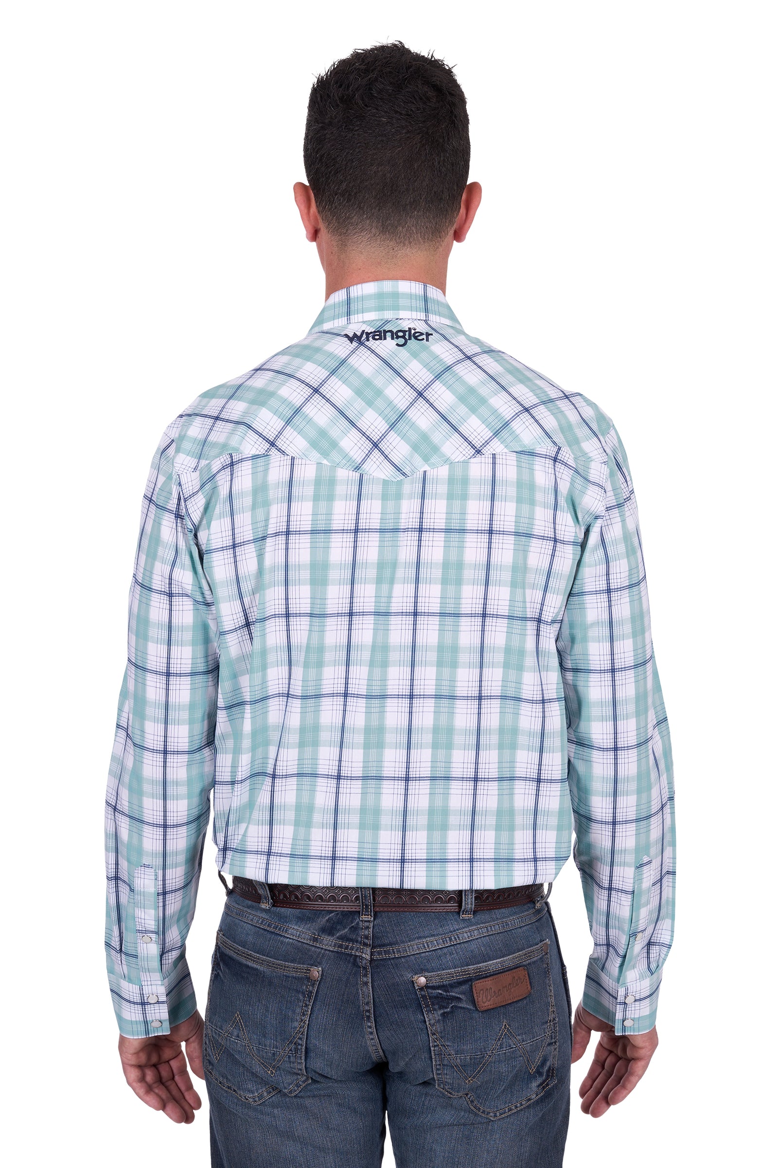 Wrangler Men's Jacob Logo L/S Western Shirt. Man wearing a light blue plaid shirt with Wrangler logo on a white background