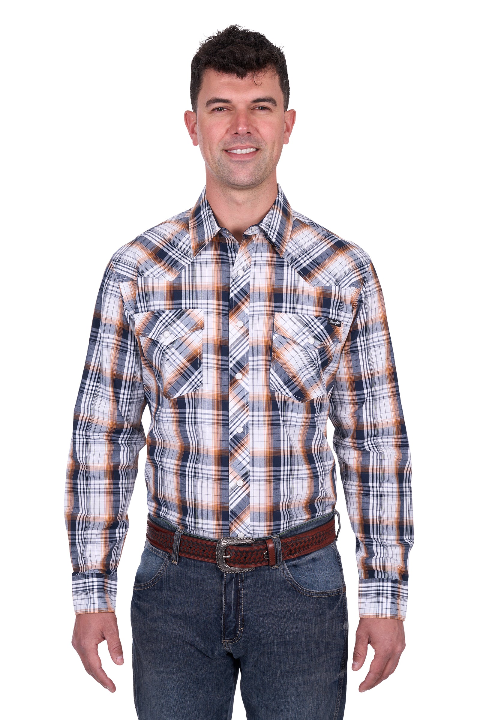 Wrangler Men's Toby L/S Western Shirt. Man wearing a plaid shirt and jeans on a white background