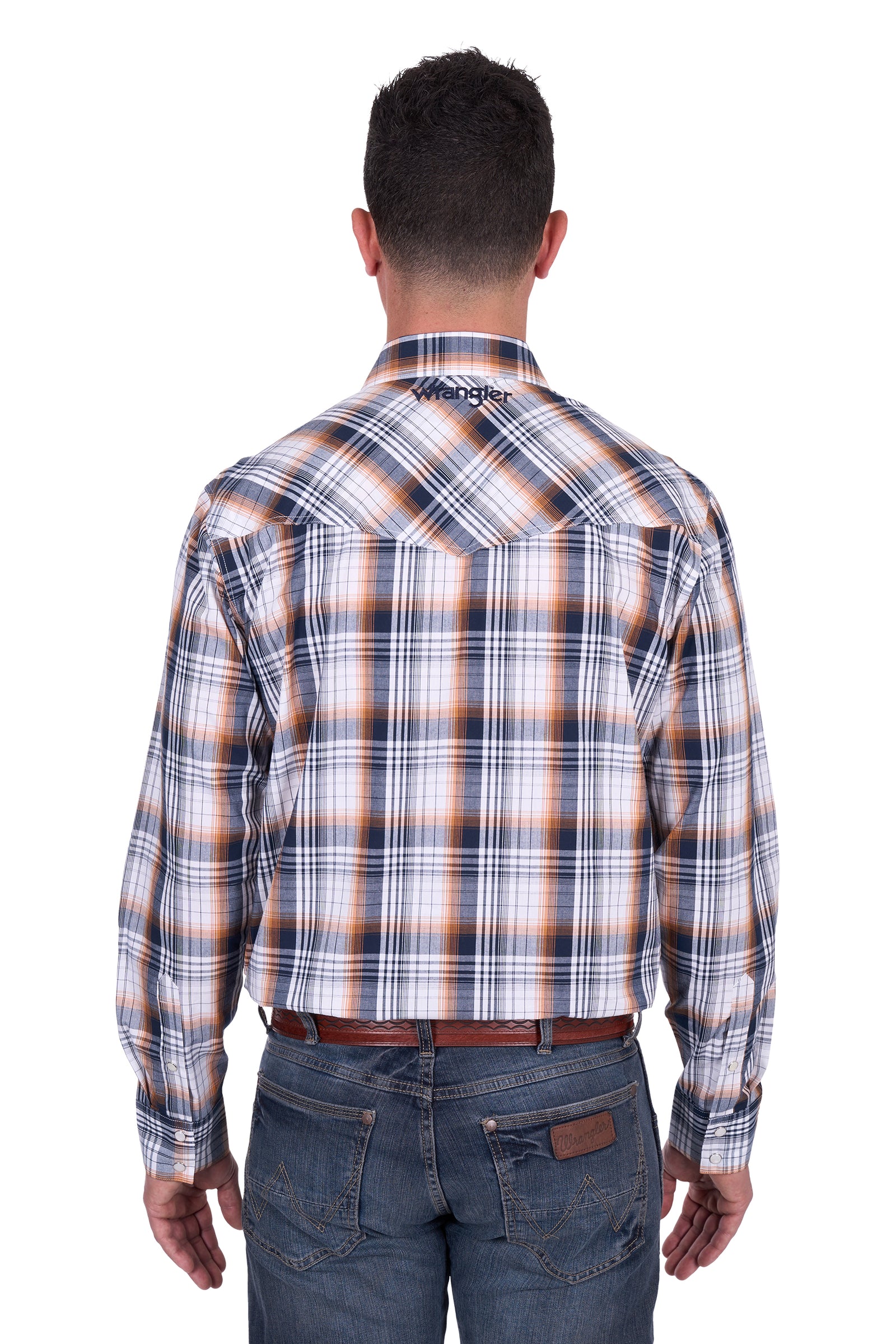 Wrangler Men's Toby L/S Western Shirt. Man wearing a plaid shirt and jeans on a white background