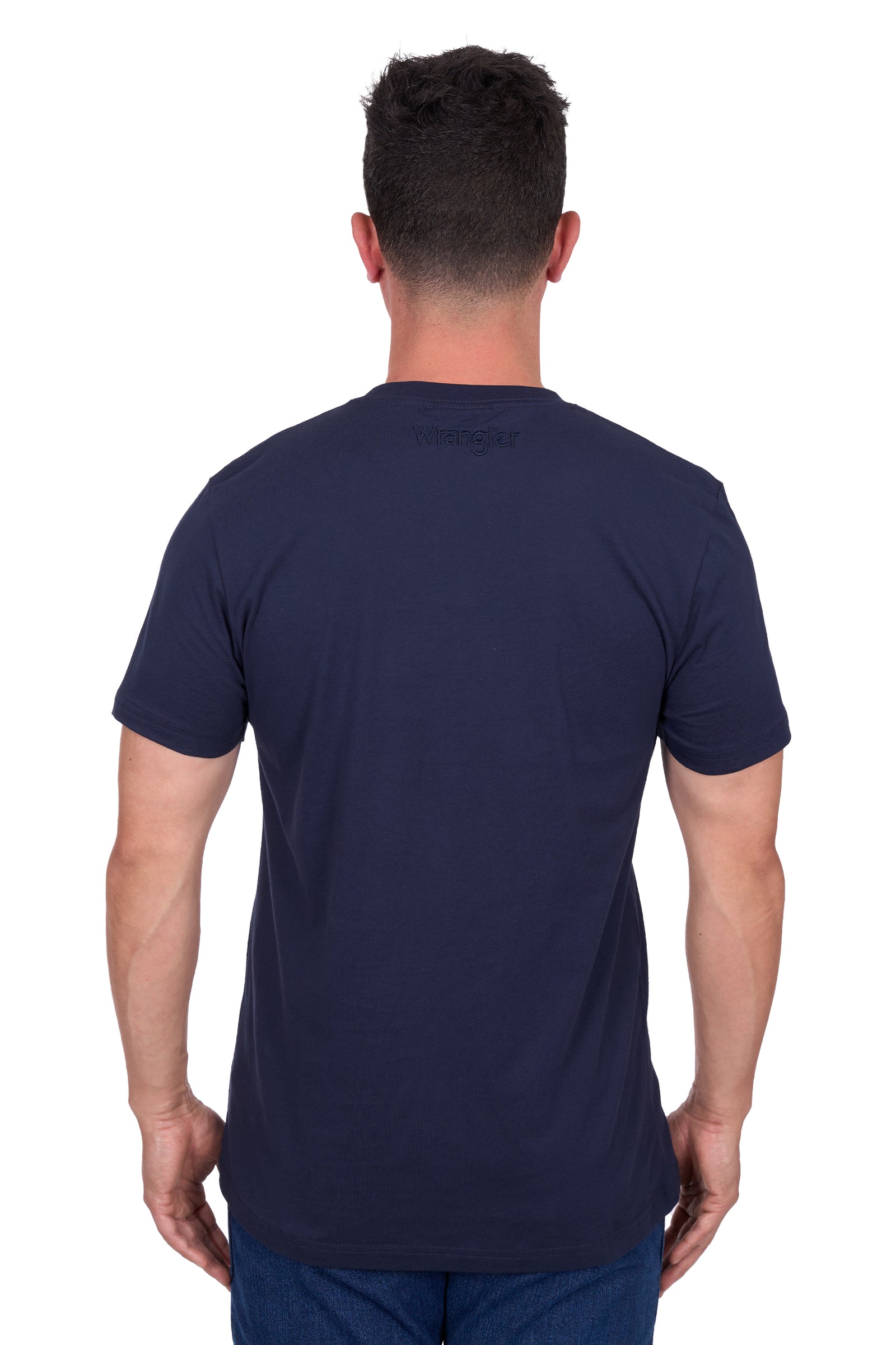 Wrangler Men's Chase S/S T-Shirt. Man wearing a navy blue t-shirt on a white background