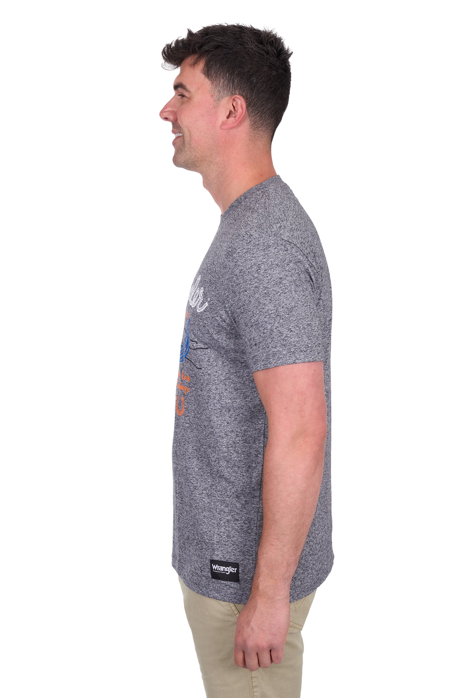 Wrangler Men's Darren S/S T-Shirt. Man wearing a gray t-shirt with a logo on a white background