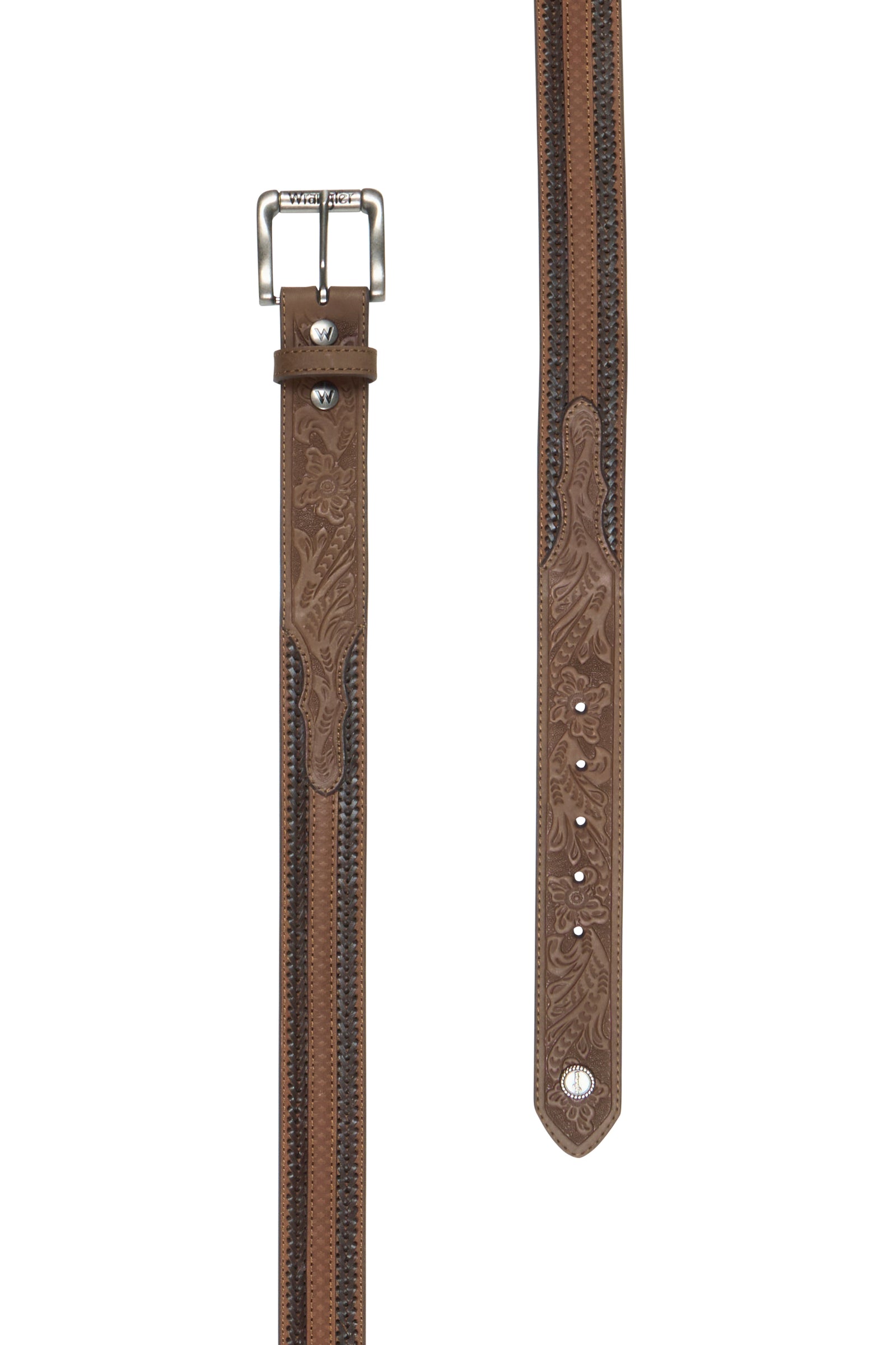 Wrangler Men's Knox Western Belt. Brown leather belt with intricate designs on a white background