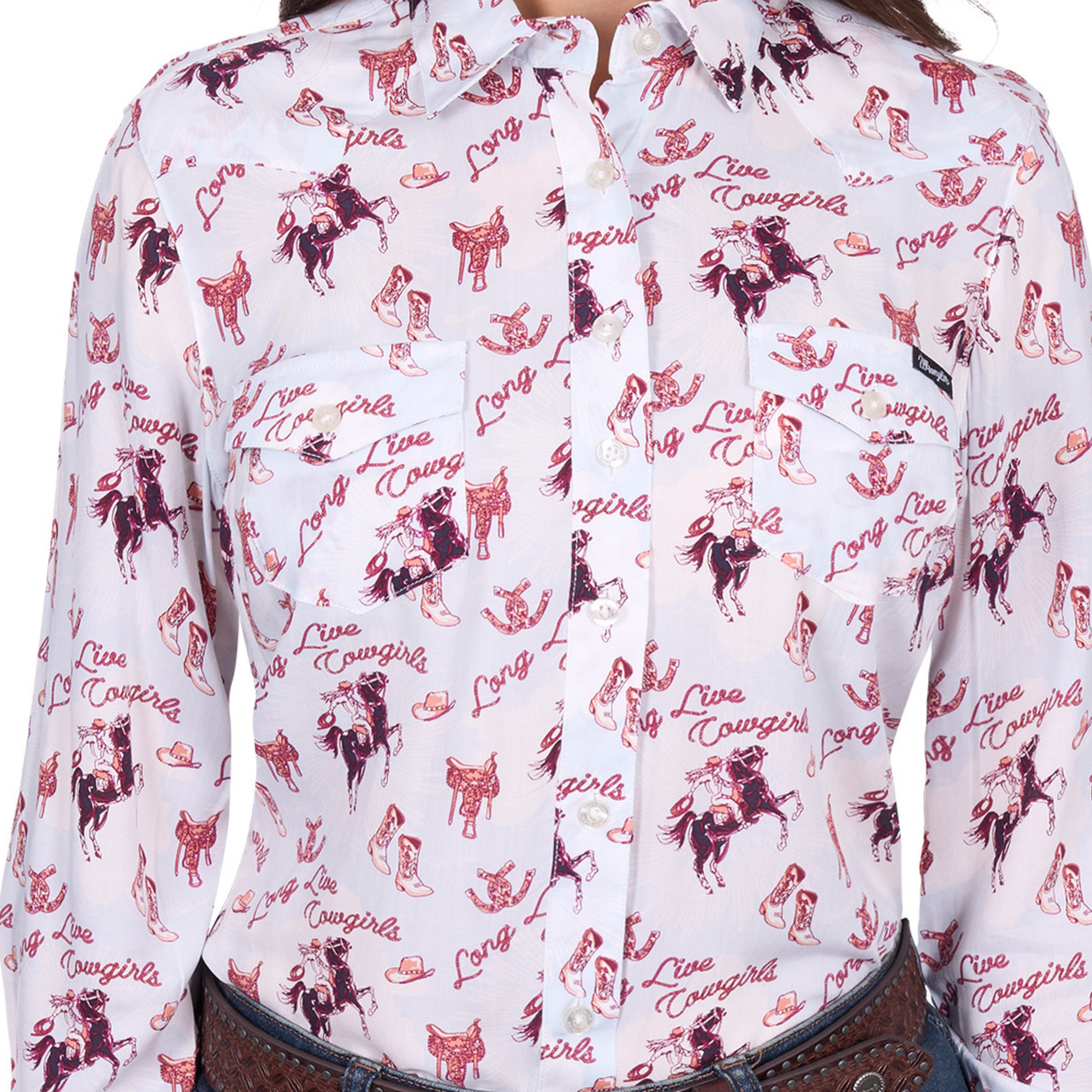 Wrangler Women's Doreen L/S Western Shirt. White shirt with red and black 'Live Cowgirls' pattern on a white background