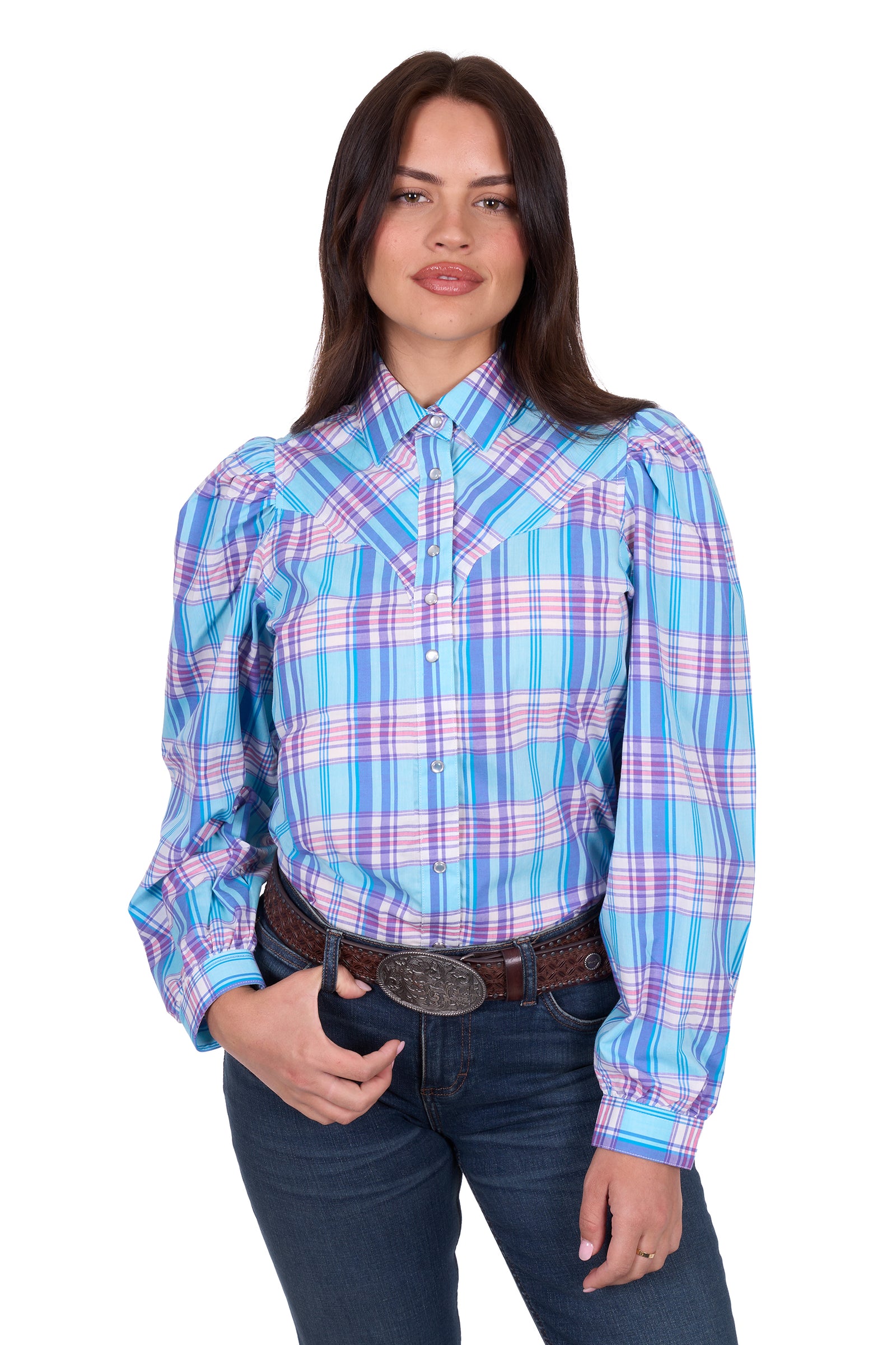 Wrangler Women's Emily Check L/S Western Shirt. Woman wearing a blue and pink plaid shirt with jeans on a white background