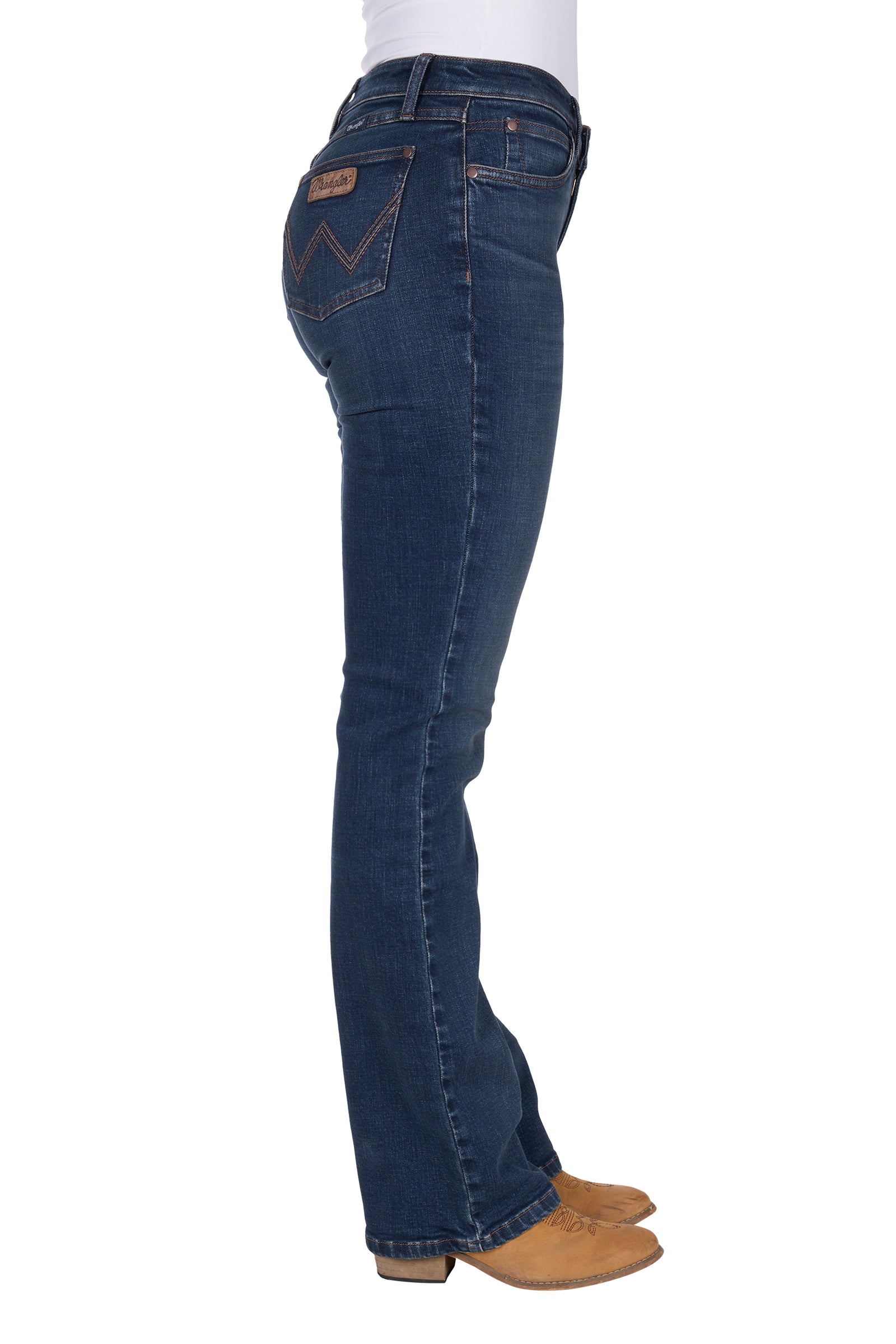 Wrangler Women's Mae Jane Jean. Blue jeans worn by a person on a white background