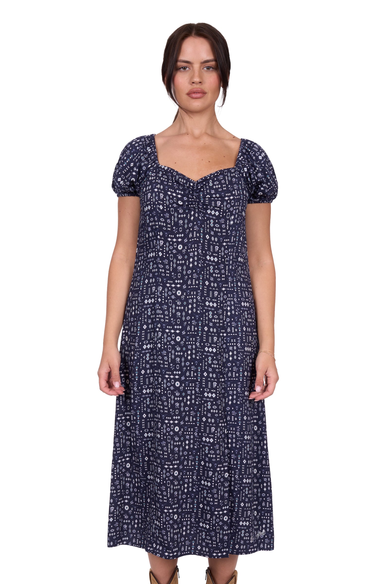 Wrangler Women's Beth Dress. Woman wearing a navy blue dress with white patterns on a white background