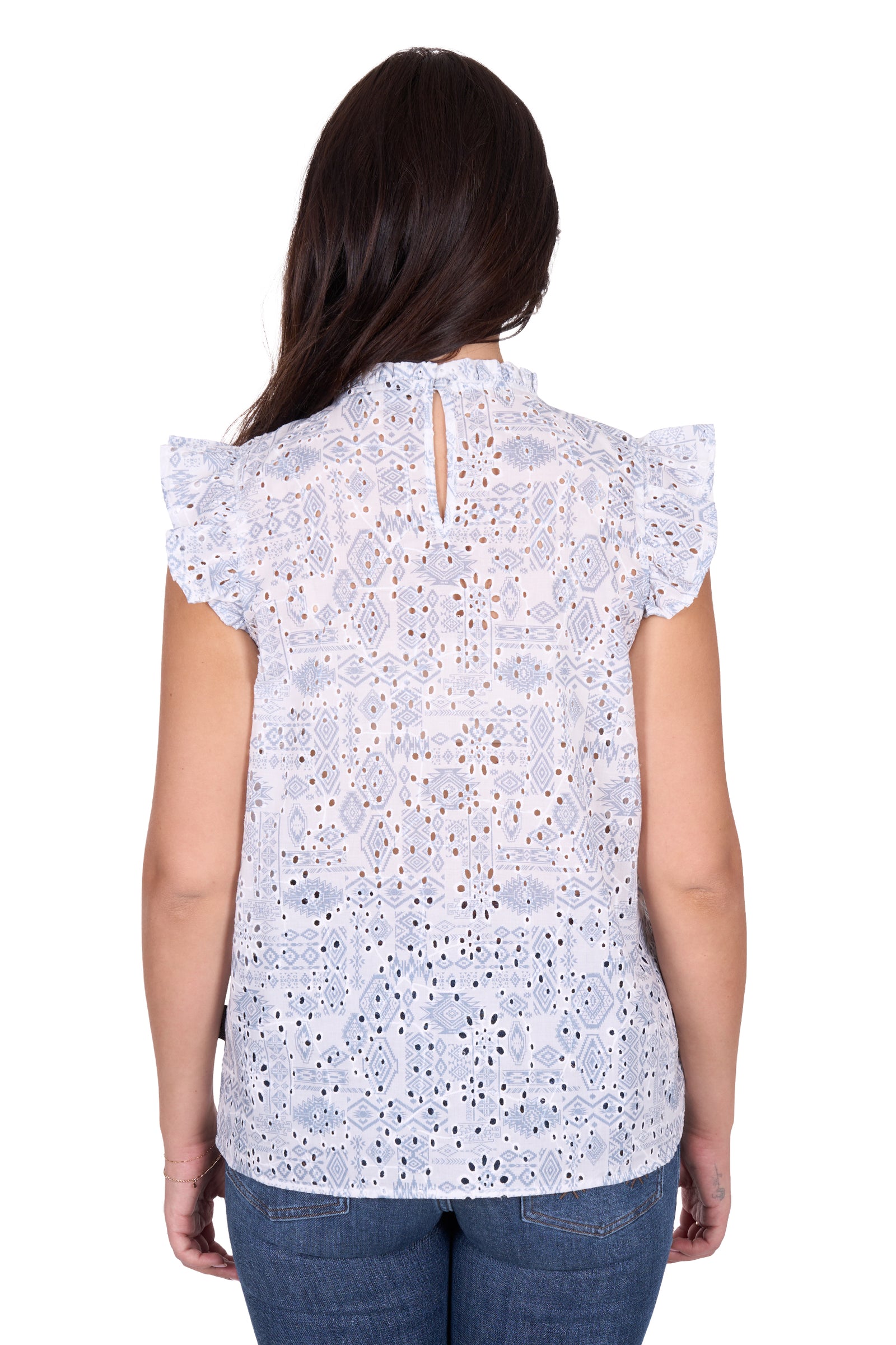 Wrangler Women's Harlow Sleeveless Blouse. Woman wearing a white floral blouse with ruffled sleeves on a white background