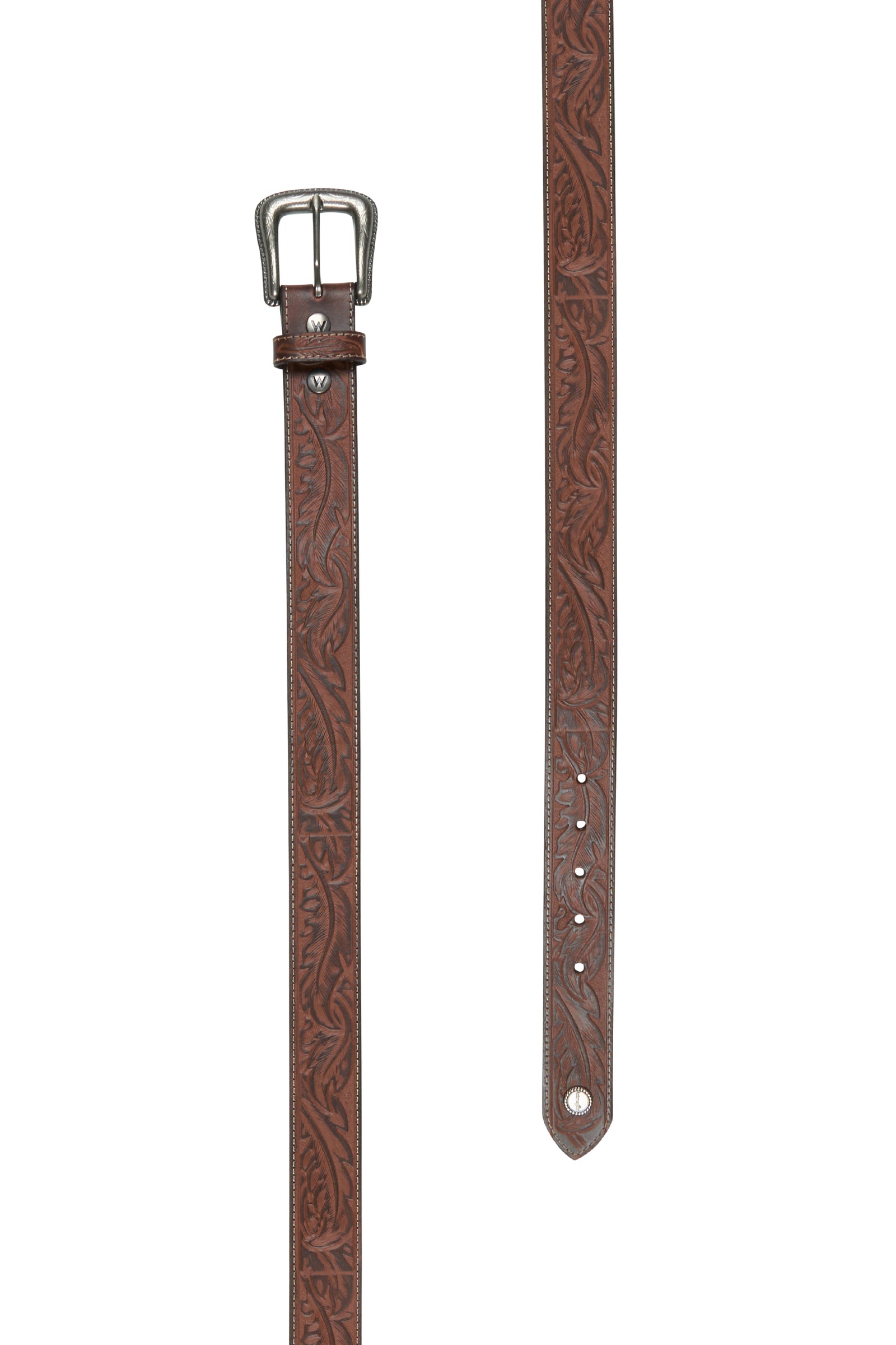 Wrangler Women's Elle Western Belt. Brown leather belt with intricate patterns on a white background