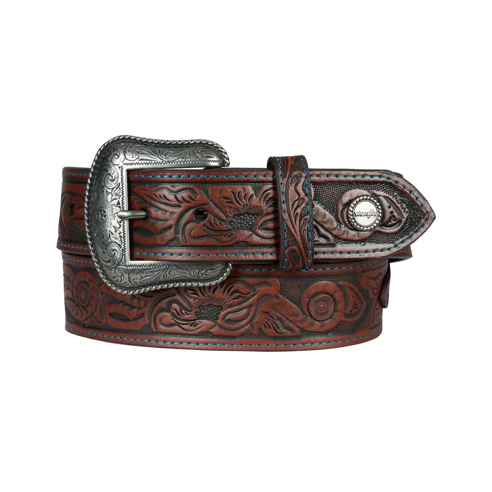 Wrangler Women's Becky Western Belt. Brown leather belt with silver buckle on a white background