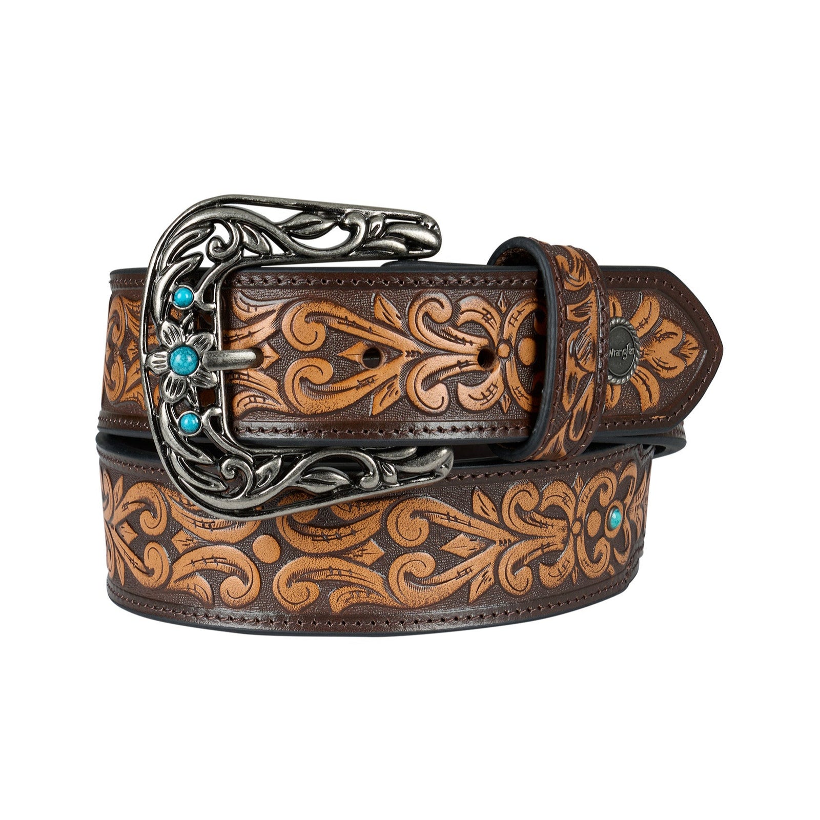 Wrangler Women's Zoey Western Belt. Brown leather belt with intricate designs and a silver buckle on a white background