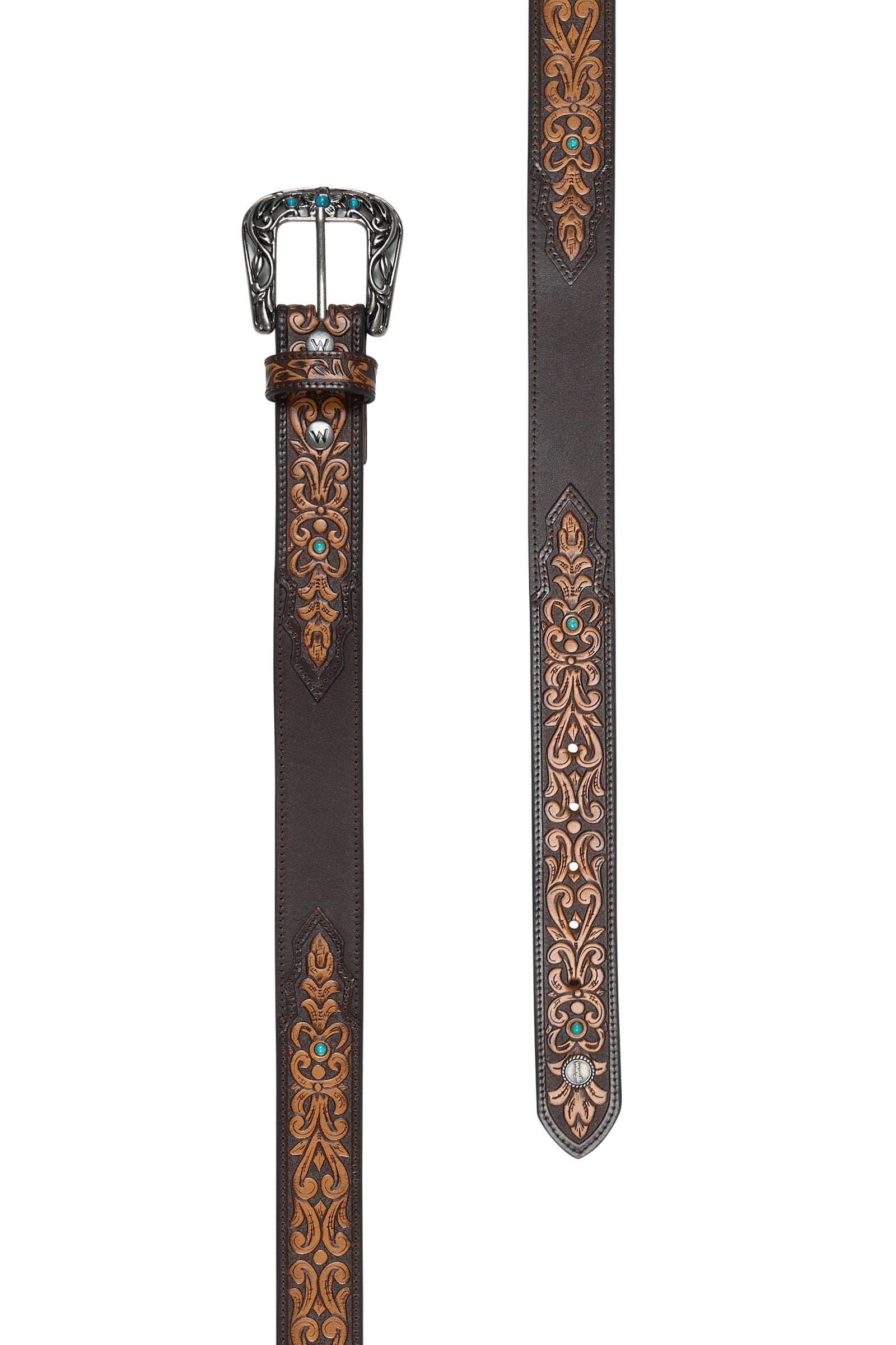 Wrangler Women's Zoey Western Belt. Decorative leather belt with intricate patterns on a white background