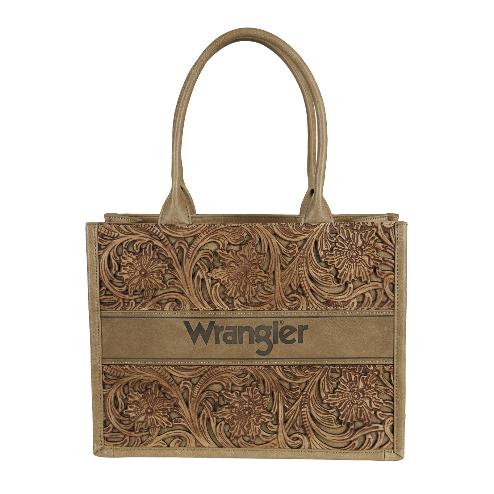 Wrangler Women's Carly Western Bag. Brown embossed handbag with 'Wrangler' branding on a white background